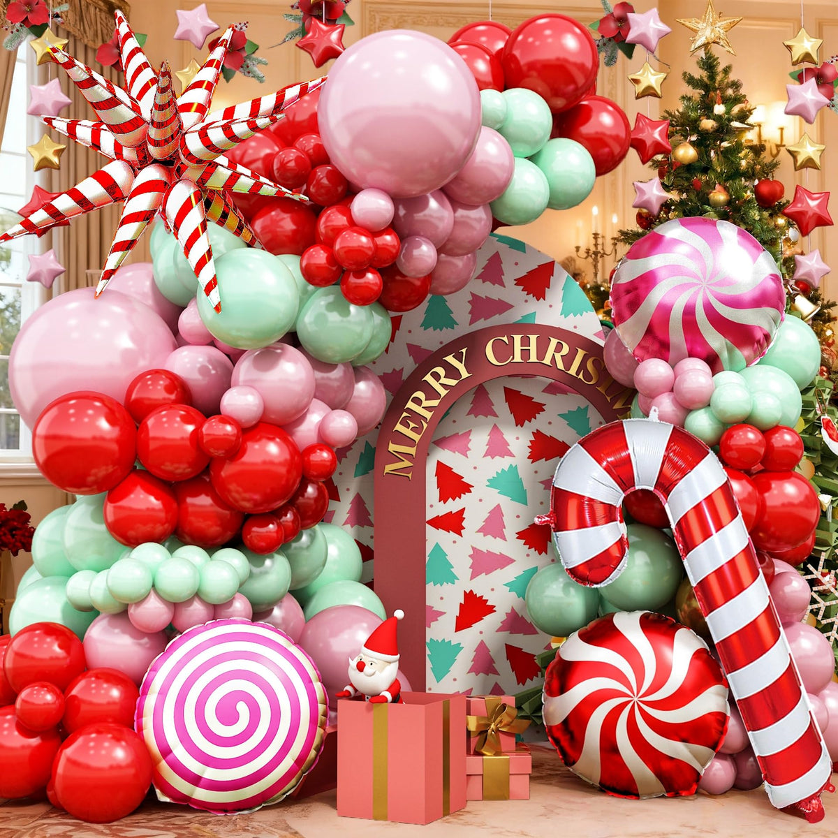 Merry Christmas Balloon Arch Kit Pink Balloon Garland, 112pcs Christmas Decorations Pink Red Green Balloons with Windmill Cane Foil Balloon, Baby Shower Xmas Party Supplies Decor