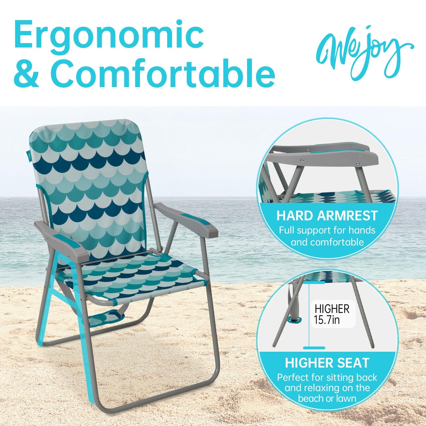 #WEJOY Folding Beach Chair for Adults, Lightweight Beach Chair with Shoulder Straps, High Back Camping Chairs with Hard Armrest, Supports 300lbs for Outdoor Lawn Concert (Cyan Blue)
