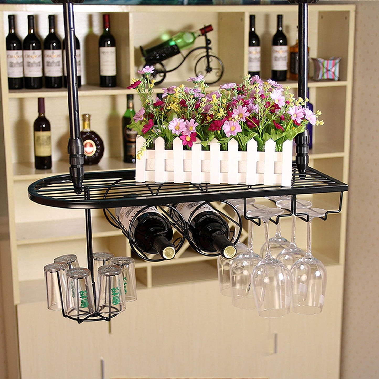 GHHDPXM Wall Mounted Wine Rack with Glass Holder for Home Bar Liquor Bottle Display Shelf for Kitchen Dining Room or Cafe
