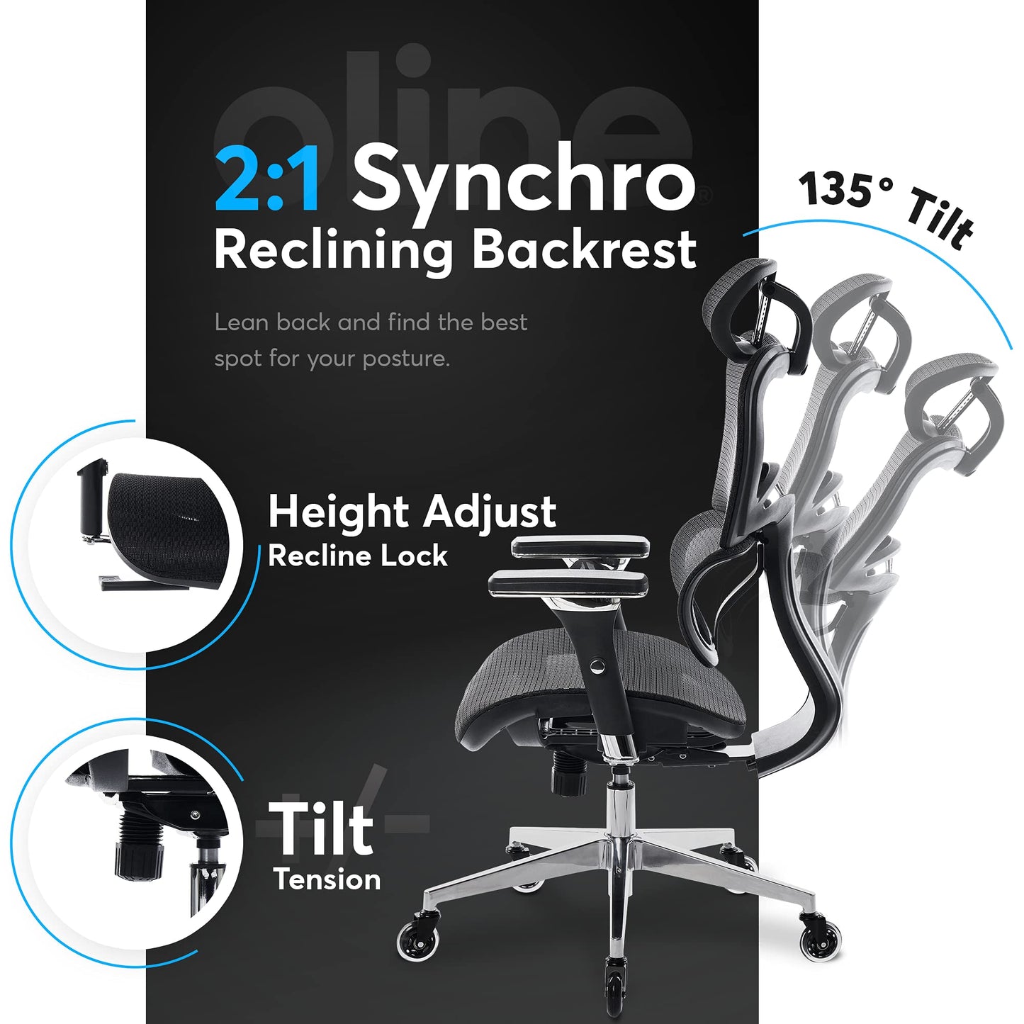 Oline ErgoPro Ergonomic Office Chair, Rolling Desk Chair with 4D Adjustable Armrest, 3D Lumbar Support, Blade Wheels, Mesh Computer Gaming Executive Swivel Chairs Chair (Black)