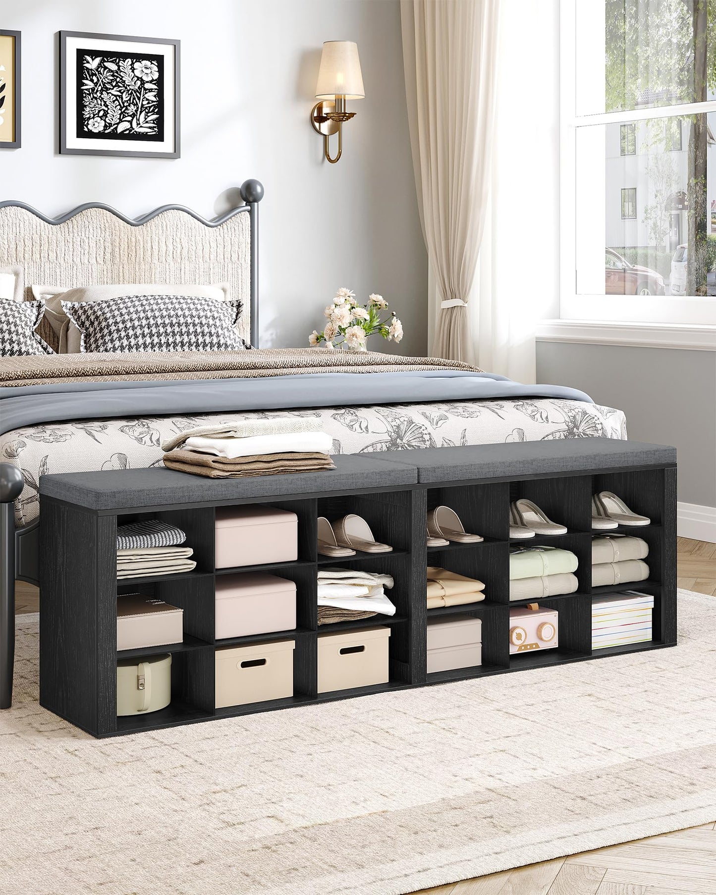 Hzuaneri Shoe Storage Bench with Cushion, Entryway Storage Bench with 18 Cubbies, 9.5" Widened Organizer Cabinet, Long Cubby Rack for Living Room, Bedroom, Entryway, Black SB25704GY
