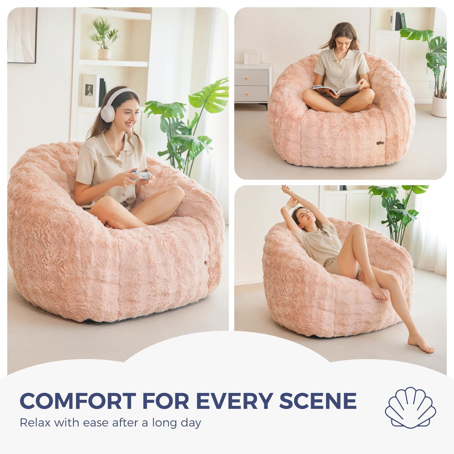 MAXYOYO Giant Bean Bag Chair for Adults, Stuffed Shell-Shaped Large Bean Bag Couch, Cozy Living Room Chair with Filler, Floor Sofa Lazy Sofa for Bedroom Living Room, Pink