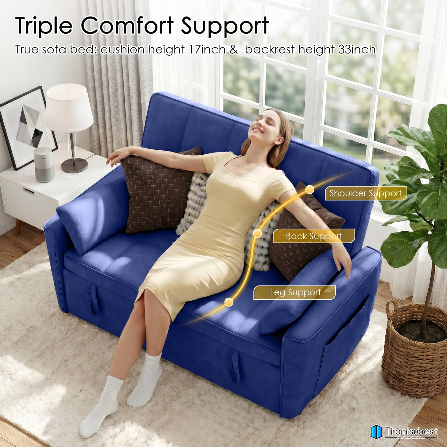 tiramisubest 54'' Sleeper Sofa Bed, Convertible Pull Out Couch Futon for for Living Room,Apartment (Blue, Loveseat) Side Pockets, Velvet Fabric, Adjustable Backrest, Pull-Out Bed, Easy Assembly