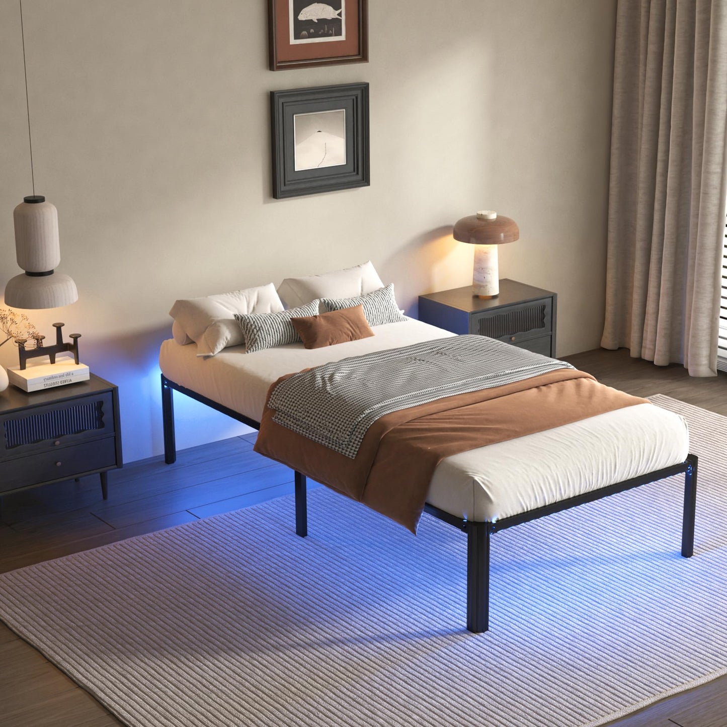 DORITRON Twin Bed Frame with Led Lights, 14 inch Heavy Duty Metal Platform Bed Frame Twin Size with Charging Station, No Box Spring Needed, Noise-Free