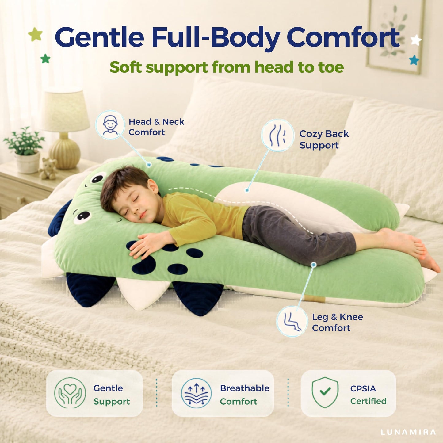 LUNAMIRA Dino Kids Body Pillow - 47" U-Shape Long Plush Soft Animal Pillow for Kids, Sleeping, Reading, ADHD & Special Needs Comfort, Anxiety, Washable Cover, Snuggle Fun Cuddle Gift for Boys & Girls