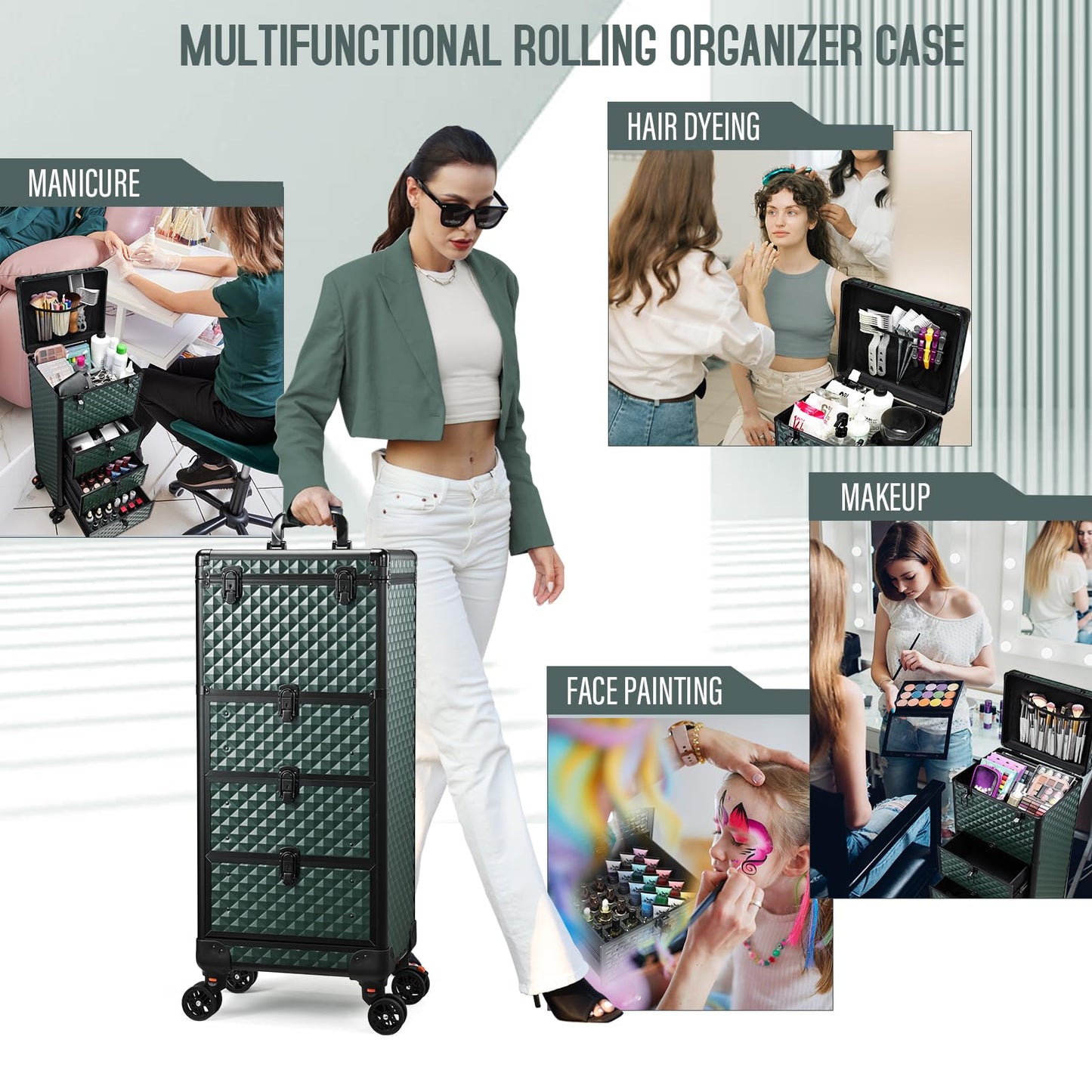 Yueieoun Nail Trolley Cart with 3 Drawers, Salon Station Cosmetology Case on Wheels Rolling Makeup Train Case Nail Case Organizer Beauty Salon Travel Case for Nailart,SPA,Hairstylist,Artist,Dark Green