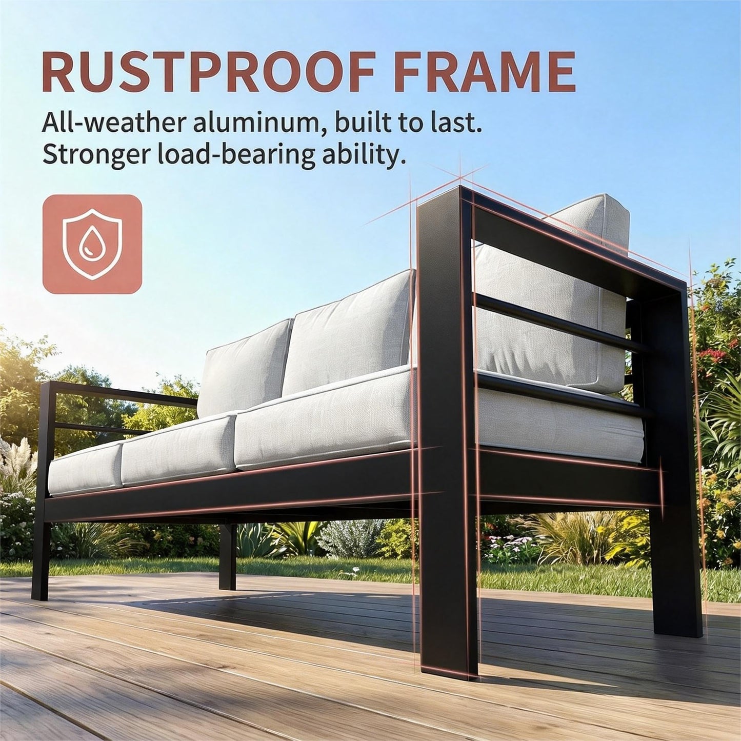 Kiss the Water 3 Seats Aluminum Outdoor Patio Sofa Set, All Weather Rust-Proof Metal Patio Couch, Modern Outdoor Furniture for Backyard Porch Garden, 5" Thick Waterproof Olefin Cushions, Light Grey