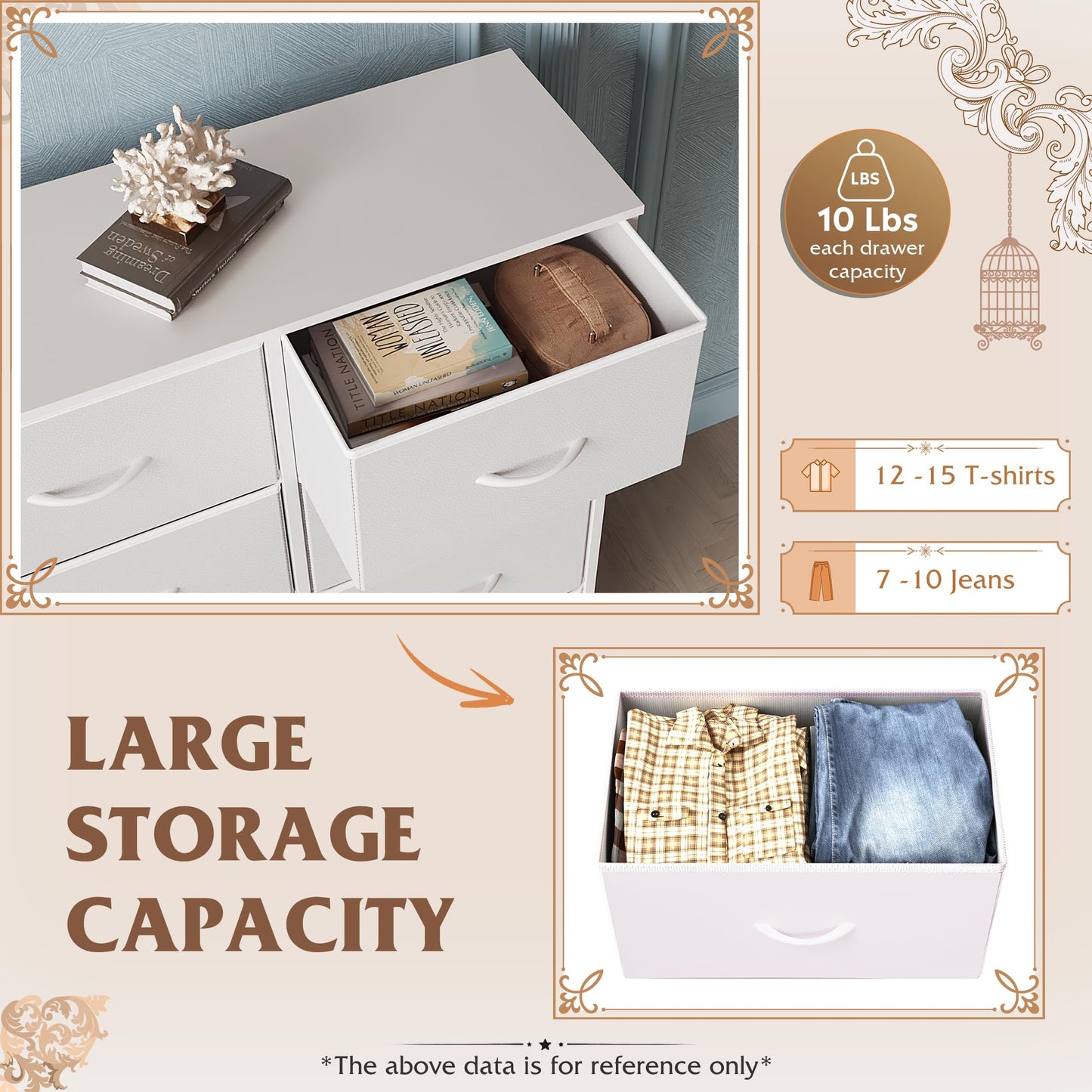WLIVE White Dresser for Bedroom with 6 Fabric Drawers, Closet Dresser with Metal Frame, Wooden Top, Chest of Drawers for Closet, Living Room, Hallway
