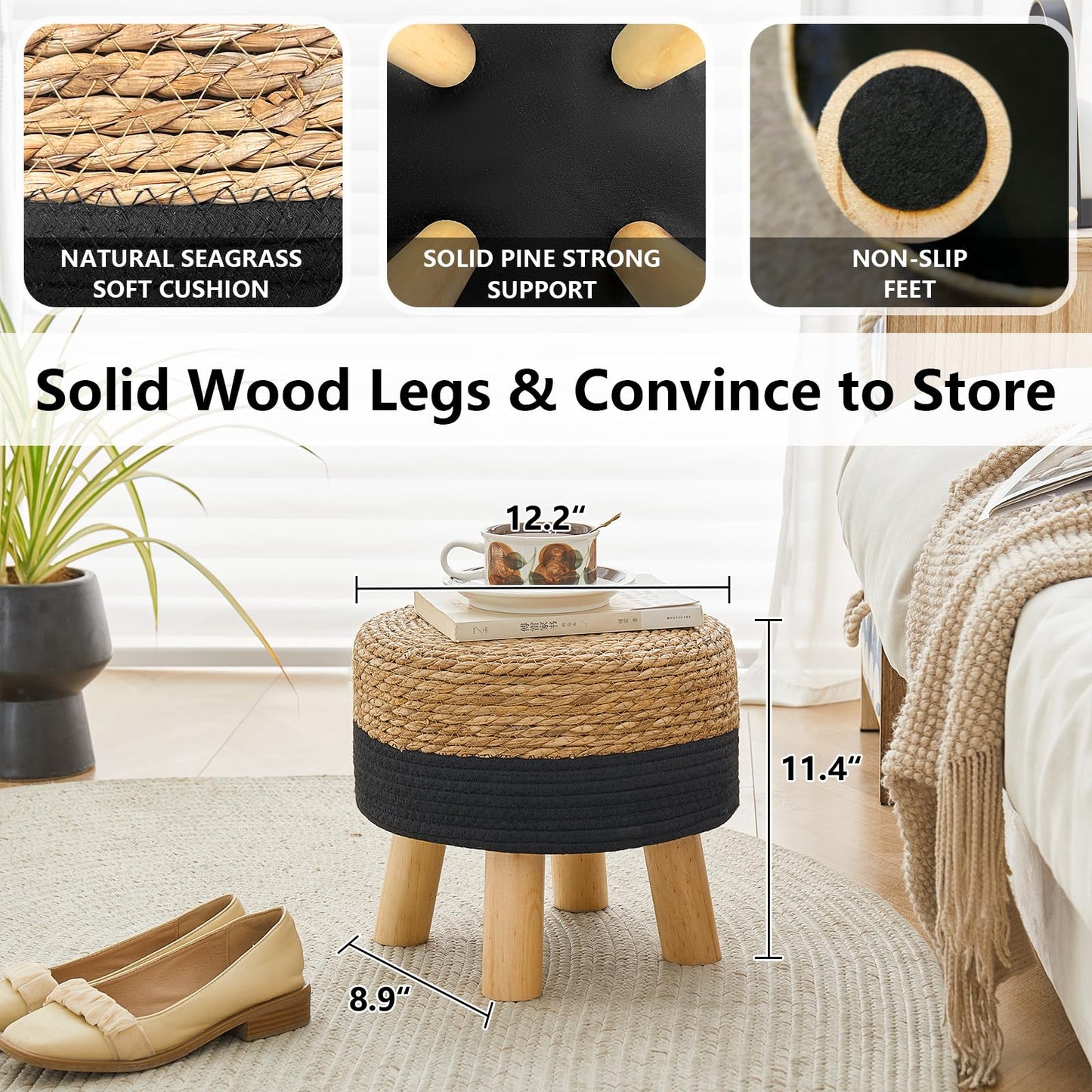 ALeesing Round Ottoman Natural Seagrass Footstool, Foot Stool with 4 Wood Legs, Hand Woven Round Footstool, Sofa Stool, Multifunctional Modern Dressing Stool, Sofa Side Table for Bedroom (Black)