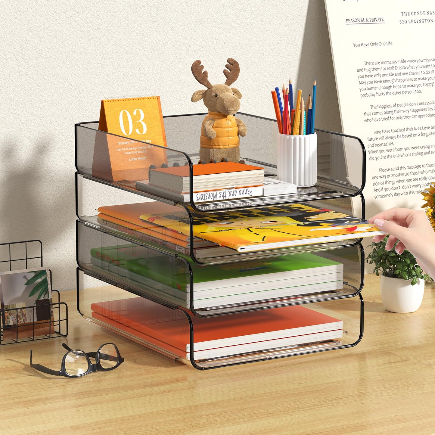 FANXIYQ 4-Tier Acrylic Paper Tray Organizer, Clear & Brown Stackable Desk Organizer for Documents, Files, A4 Paper, Mail, Books & Office Supplies, Office Classroom Home
