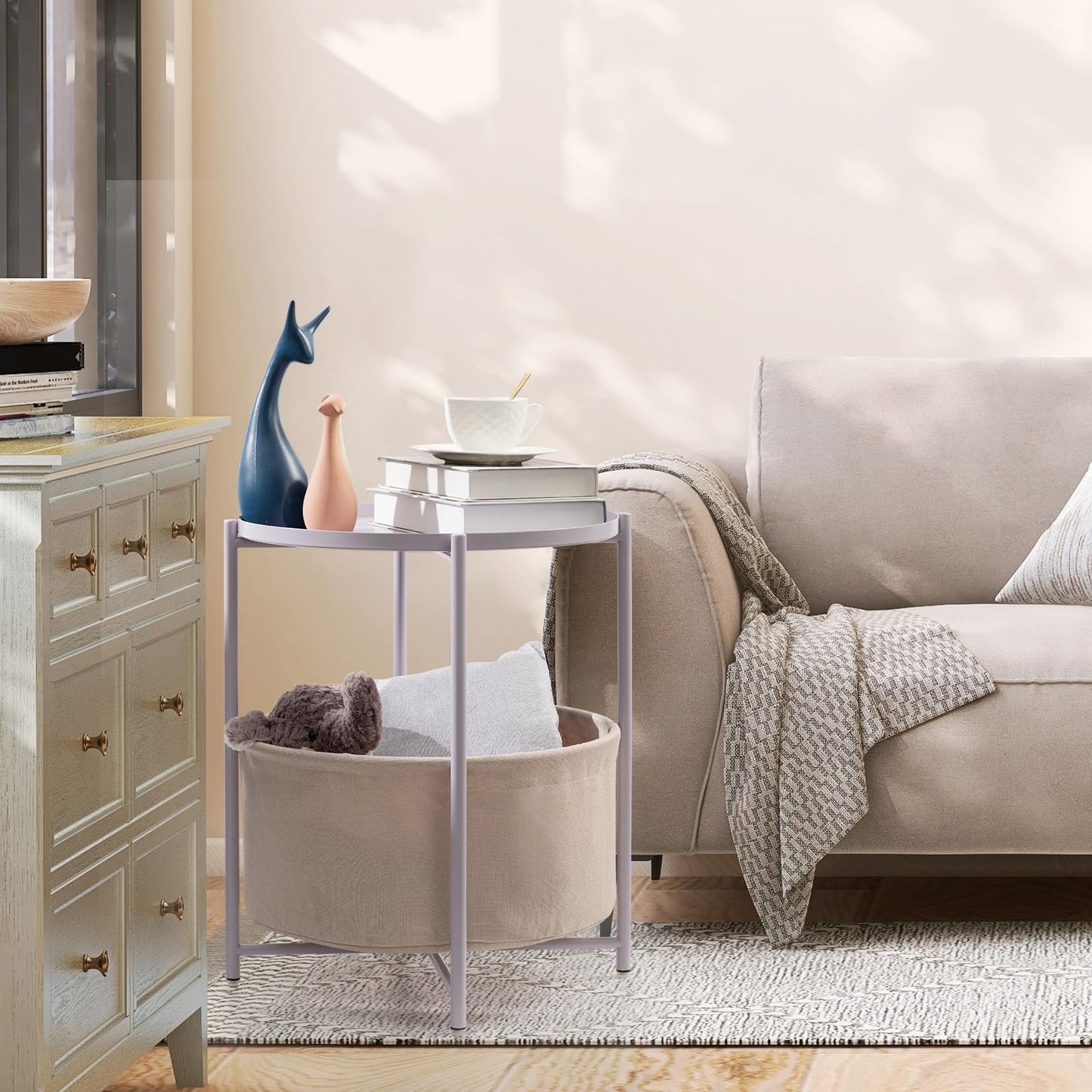 danpinera Round Side Table with Fabric Storage Basket, Metal Side Table Small Bedside Nightstand with Removable Tray Top for Living Room, Bedroom, Nursery, Laundry, Light Violet