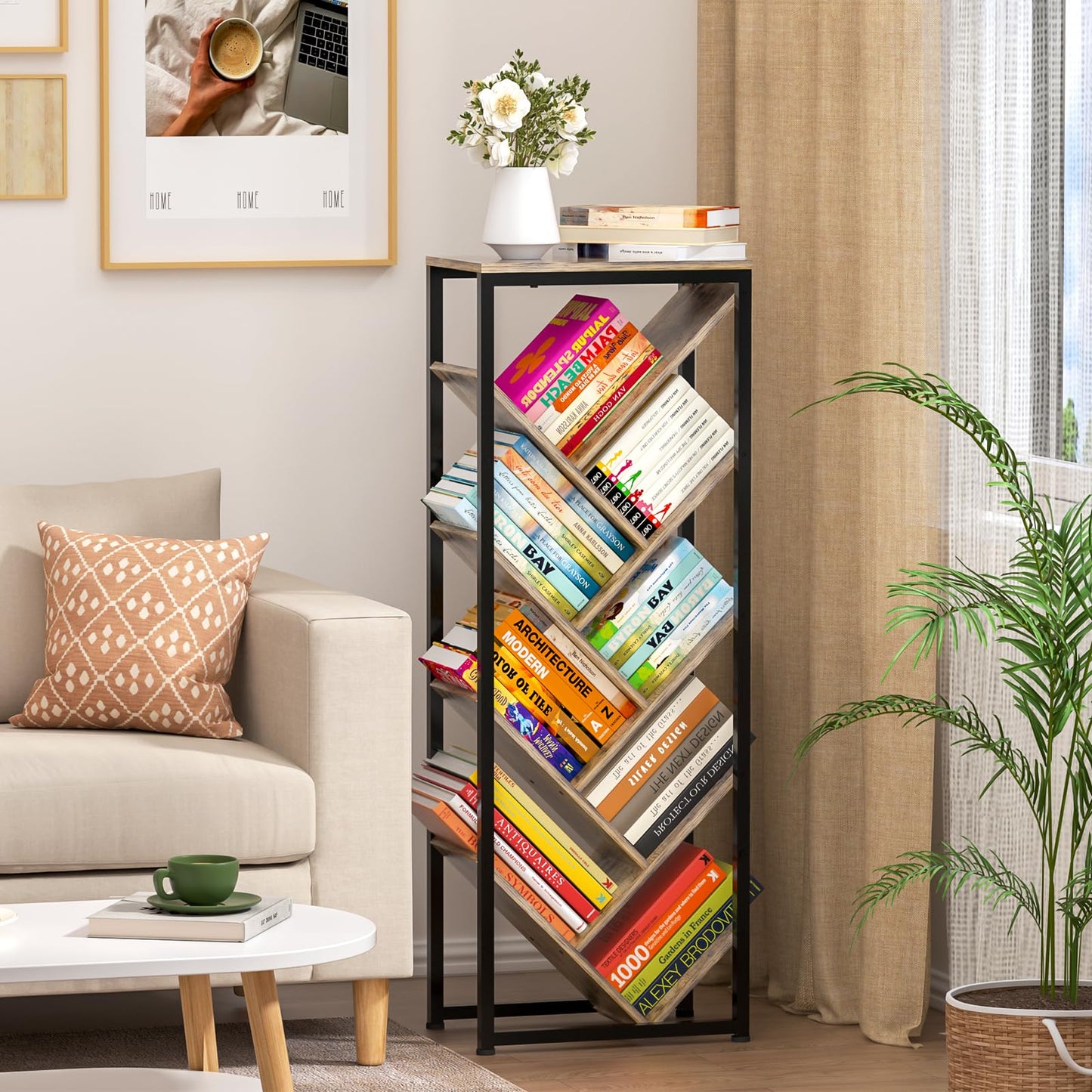 Cutogxon Tree Bookshelf - 9 Tier Floor Standing Tree Bookshelf for Hardcover Books, Small Bookshelf for Small Spaces Bookshelves Wooden Book Storage Organizer Shelves for Bedroom Living Room