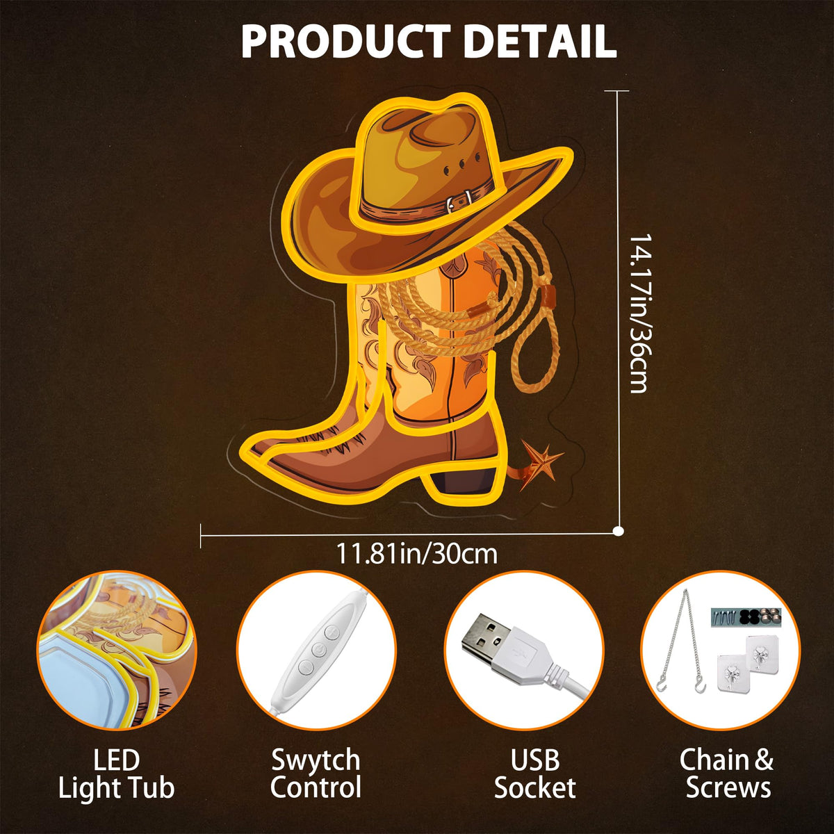 Cowboy Boot with Hat Lasso Neon Signs for Wall Decor, Led Pink Cowgirl Boot Neon Sign, Aesthetic Western Wall Art, Cowboy LED Sign for Room Bedroom Party Bar Decor Birthday Christmas Gifts (Golden)