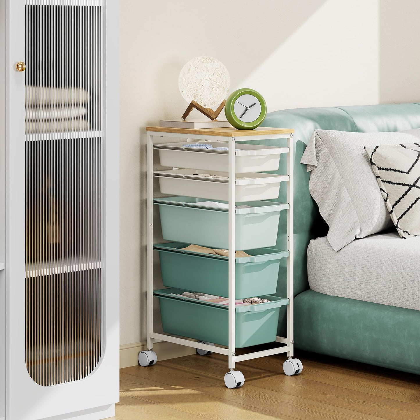 Rolling Storage Cart with 5 Drawers, Craft Organizer, Wooden Tabletop Utility Cart for Bedroom, Children's Room and Office Organization, Table Side Trolley with Lockable Wheels, Green