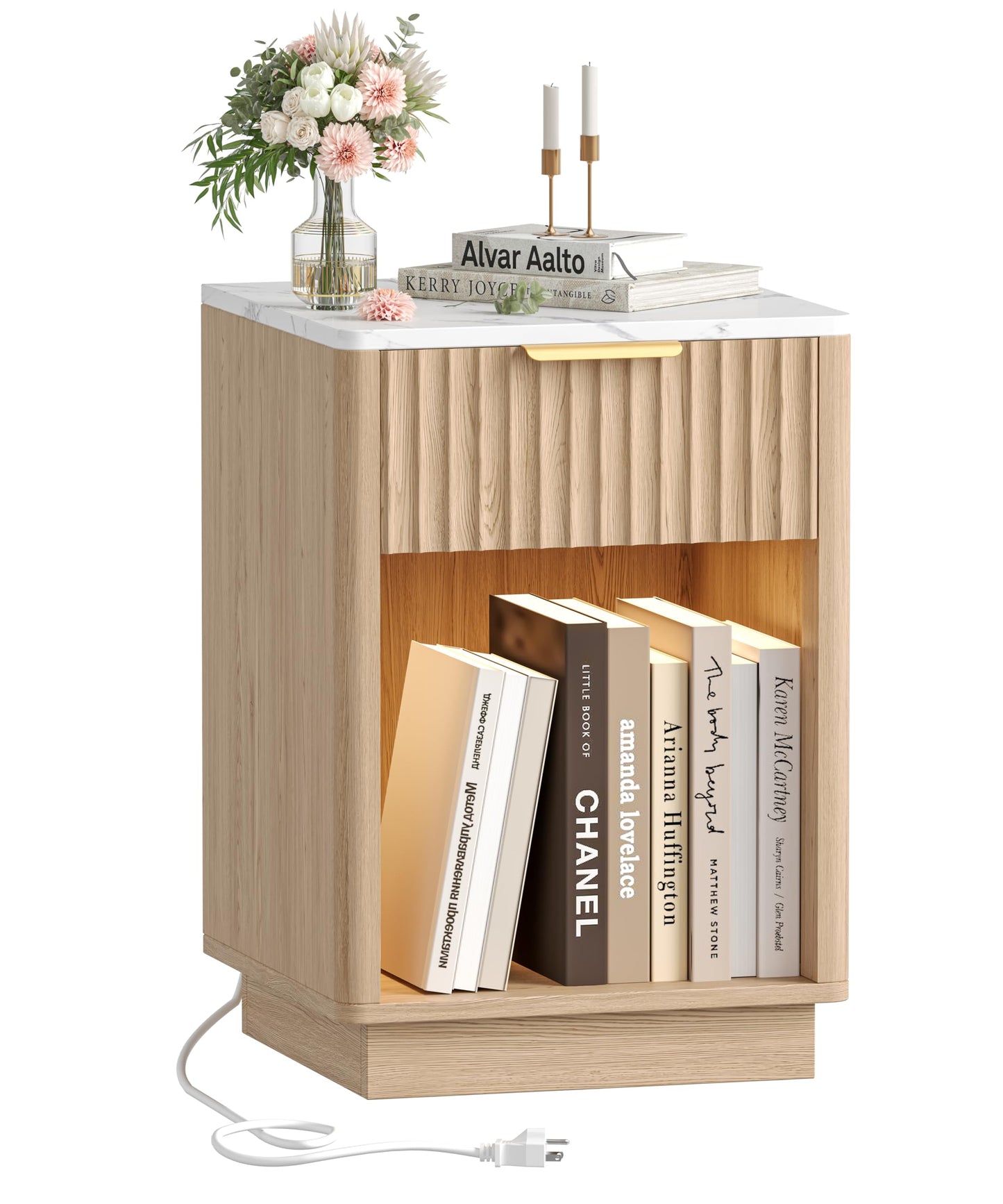 Akxomel Fluted Nightstand, Wooden Night Stand with Charging Station and LED Light, Modern Bedside Table with Drawer and Faux Marble Top, 15" D x 15.7" W x 22.6" H, for Bedroom, Natural Oak and White