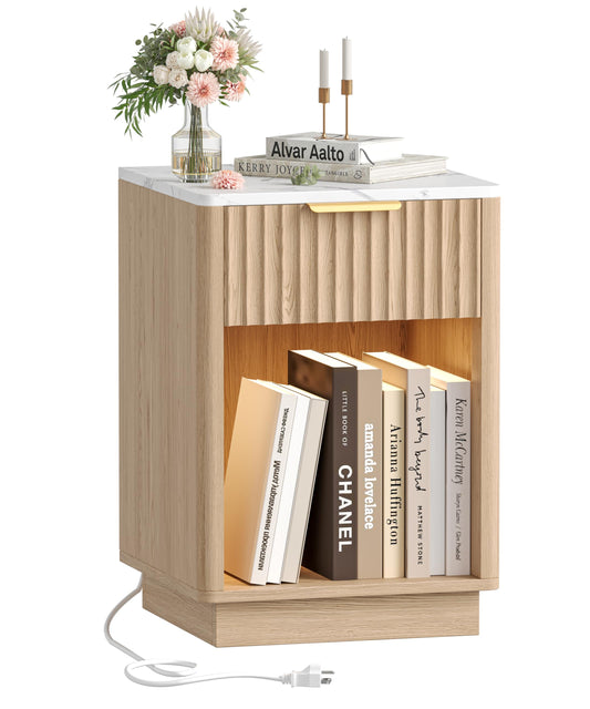 Akxomel Fluted Nightstand, Wooden Night Stand with Charging Station and LED Light, Modern Bedside Table with Drawer and Faux Marble Top, 15" D x 15.7" W x 22.6" H, for Bedroom, Natural Oak and White
