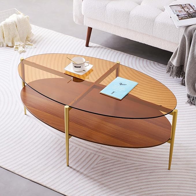LumFurn Oval Glass Coffee Table, Mid-Century Modern Design, L43 x W22 x H17 inch