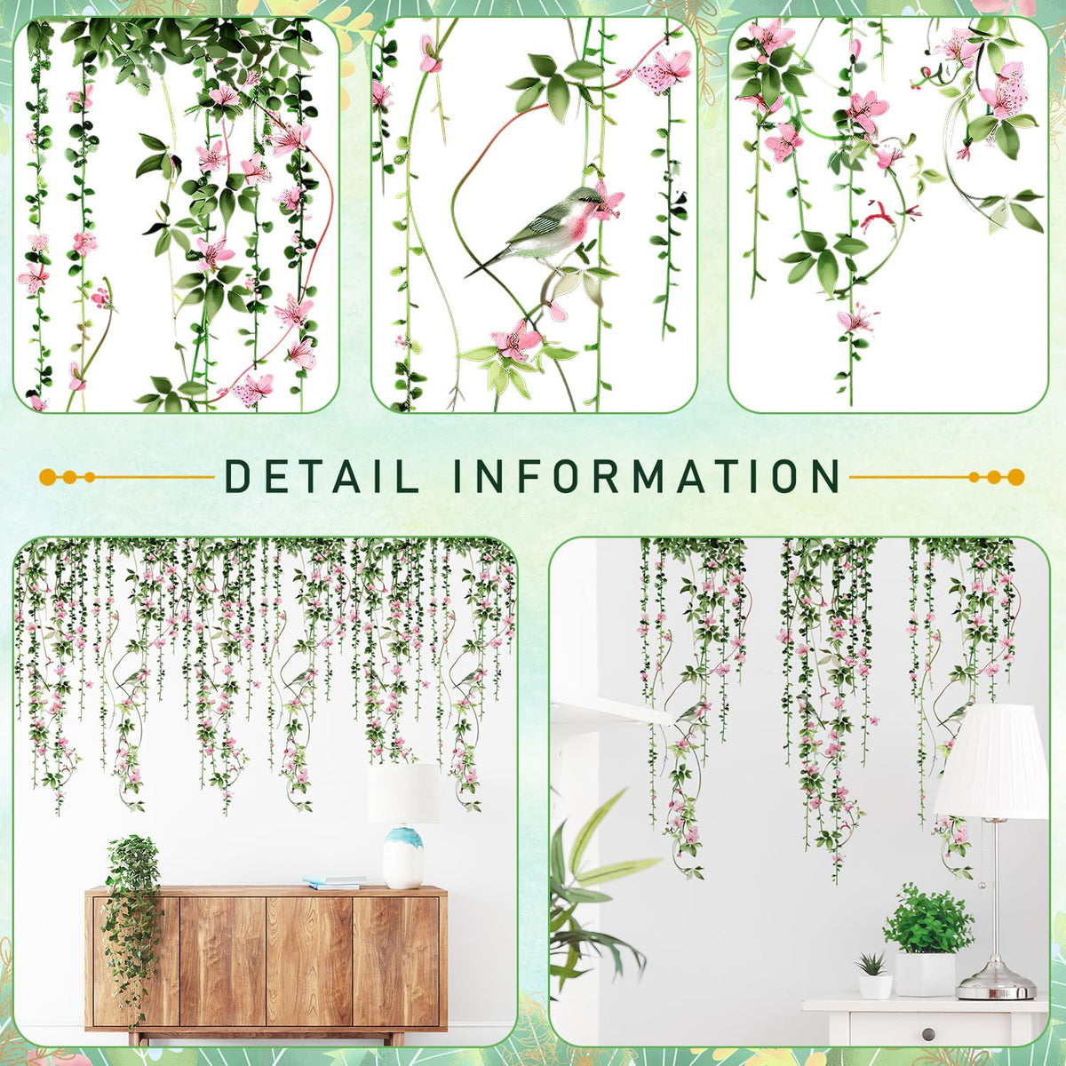 4 Sheets Hanging Vines with Flowers Wall Decals Green Plant Leaves Wall Stickers Pink Cherry Blossom Vine Wall Art Hanging Flower Tree Branches Bird Wall Murals for Kids Bedroom Nursery Decoration 20