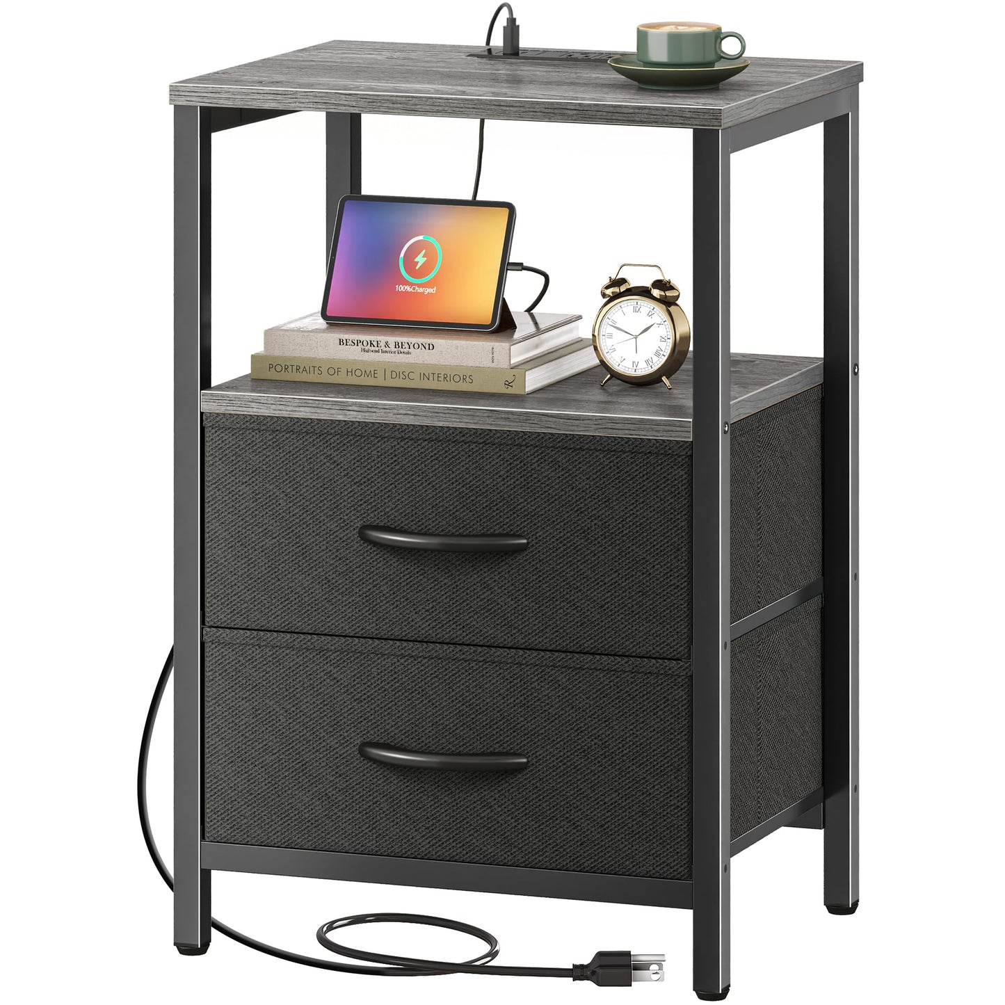 Huuger Nightstand with Charging Station, Side Table with 2 Fabric Drawers, End Table with Open Shelf, Bedside Table with USB-C Port and Outlets, Night Stand for Bedroom, Black