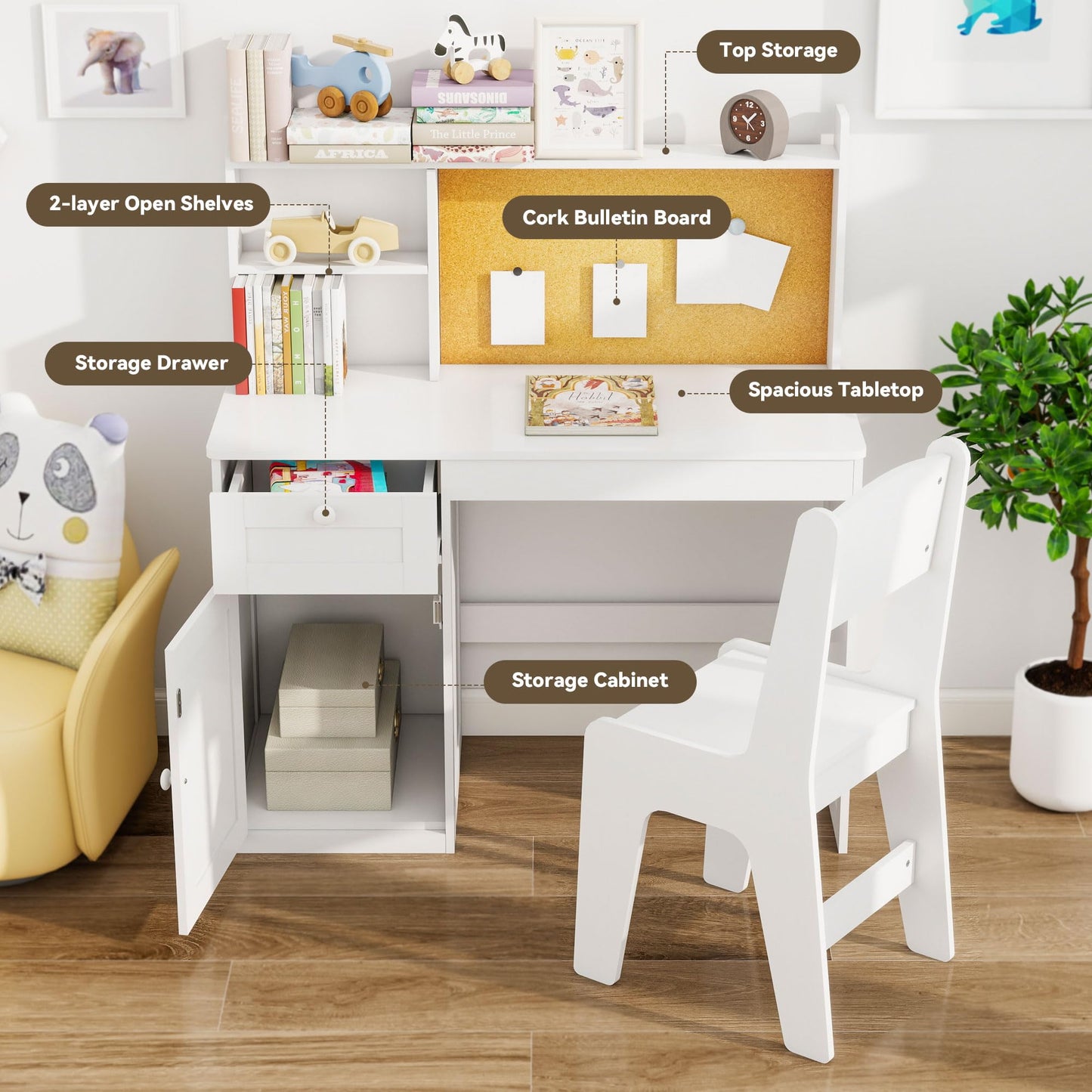 Kids Study Desk with Chair, Kids Desk Chair Set for 5-12 Years Old, Children Wooden Study Table with Hutch & Storage Cabinet, Student Writing Table Computer Workstation for Girls and Boys, White