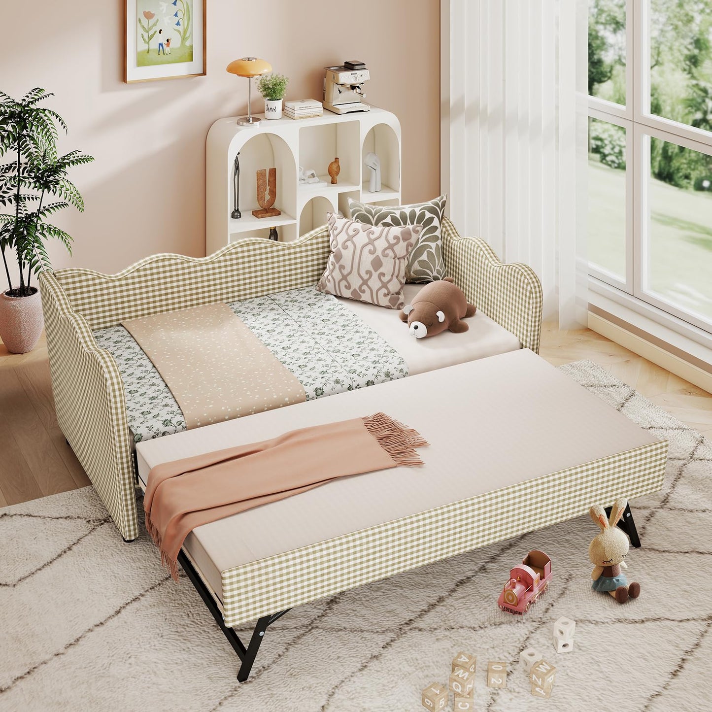 Twin Size Daybed with Pop Up Trundle, Twin to King Gingham Daybed with USB, Upholstery Adorable Wave Shaped Linen Sofa Bed, No Box Spring Needed, Extendable Day Bed for Bedroom, Living Room, Brown