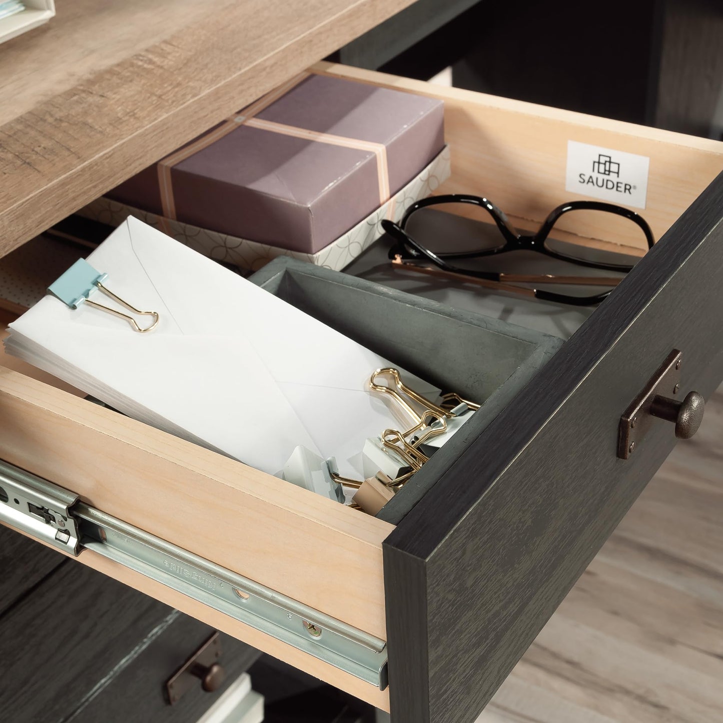Sauder Cottage Road L Shaped Desk Computer Desk with Drawers, Home Office Desk with Optional File Cabinet Storage, Cable Management, in Raven Oak Finish