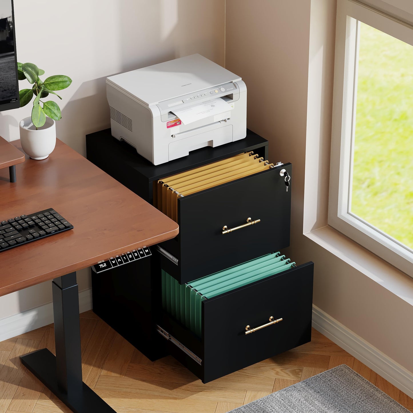 GFGWXW 2 Drawer Vertical File Cabinet with Lock, Suitable for Letter/A4/F4/Legal Size Hanging Files,Small Wood Filing Storage Cabinets Printer Stand for Home Office,Black