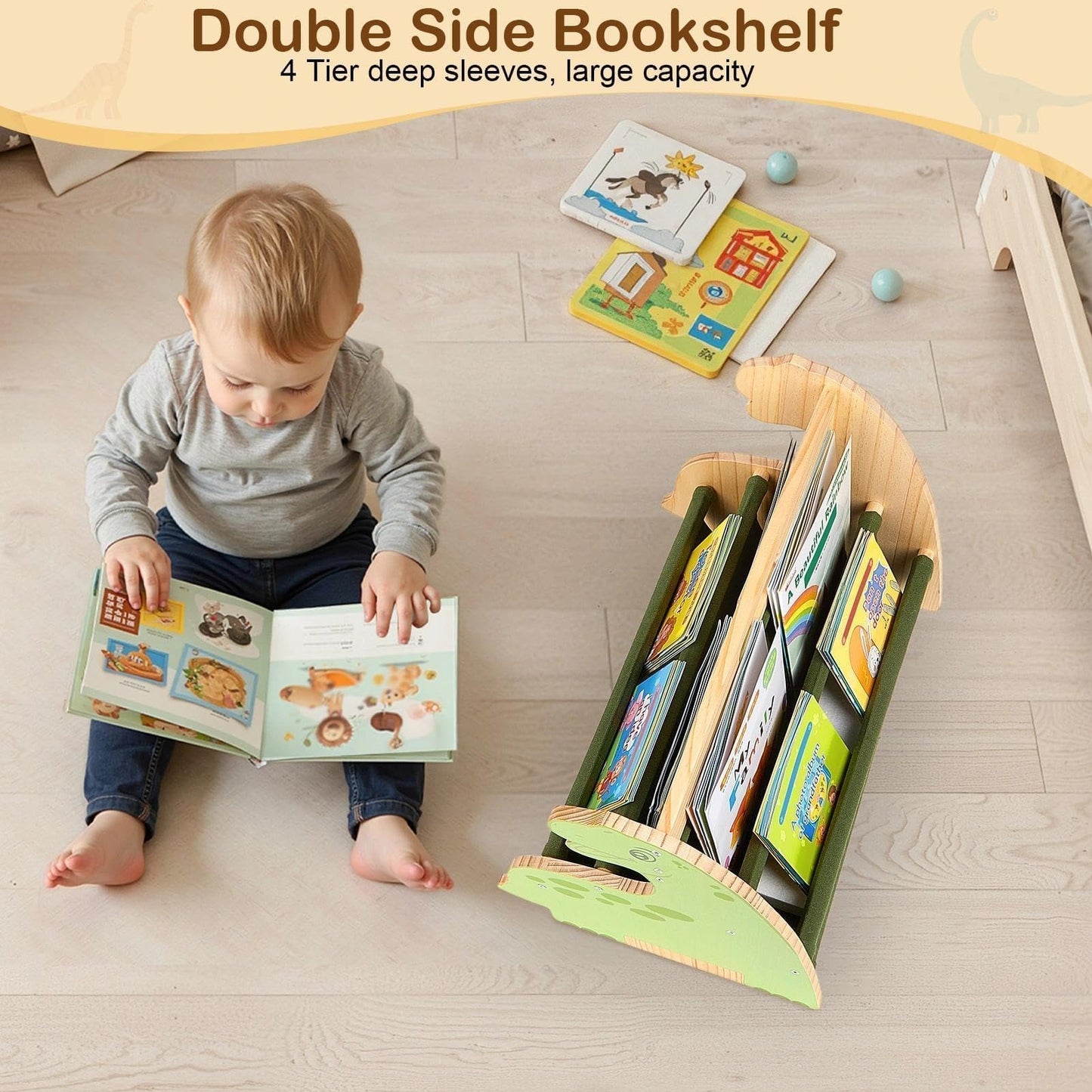 SheSeek Toddler Bookshelf Double-Sided with 4 Tier Deep Sleeves Kids Wooden Montessori Book Rack for Baby Nursery Room, Playroom, Classroom or Bedroom Bookcase Storage Organizer, Green Dinosaur