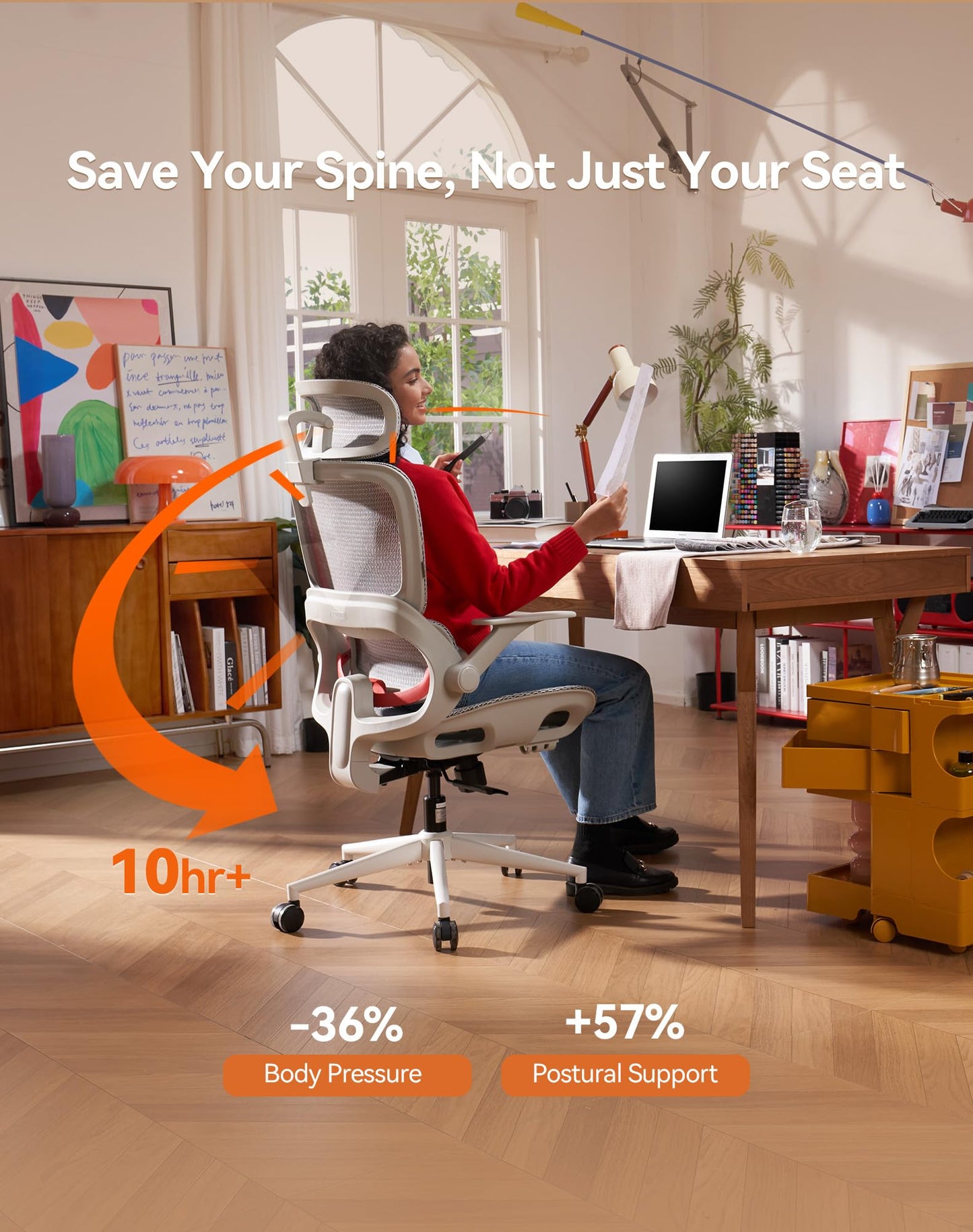 SIHOO B100 Office Chair, Comfy Ergonomic Office Chair, High Back Computer Chair with Adaptive Lumbar Support & wide Headrest, Flip-up Armrests, Swivel Desk Chair for Long Hours, WITHOUT Footrest, Grey