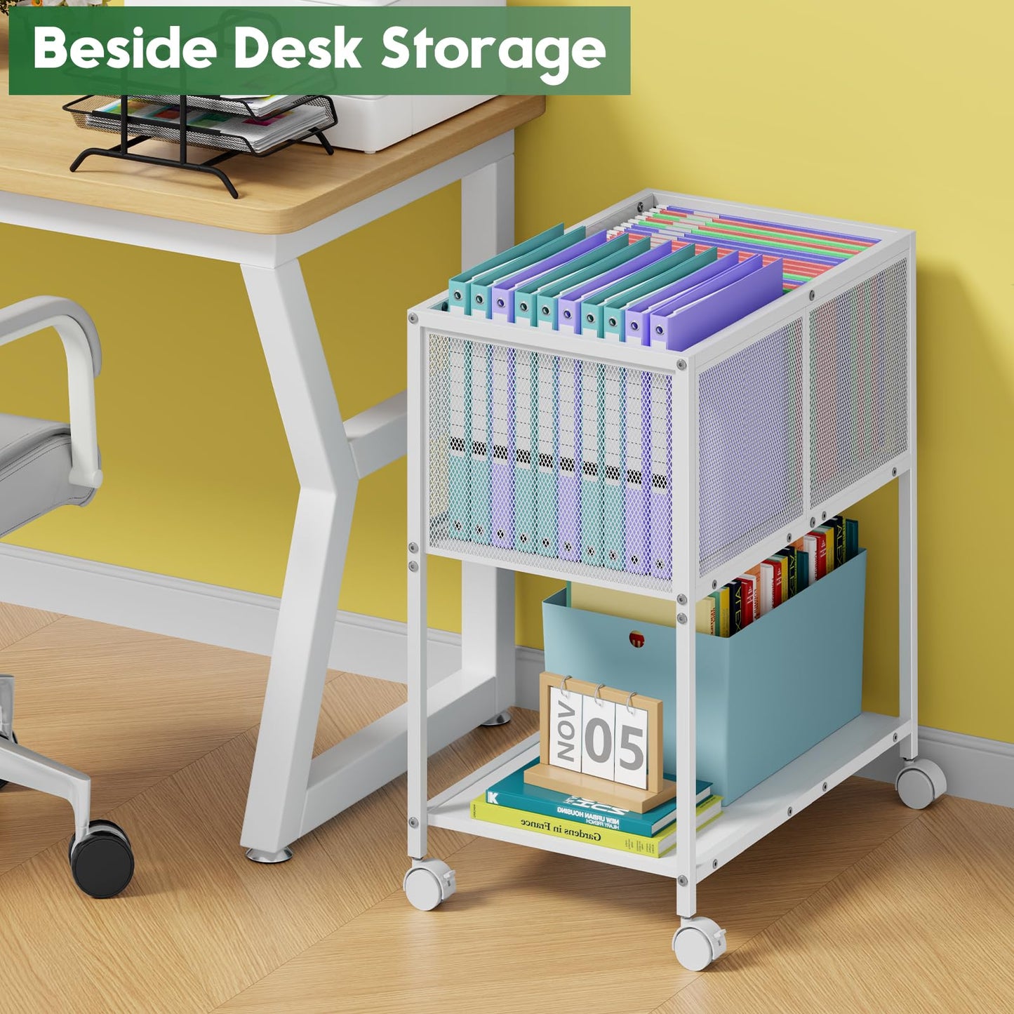 Sbanmao Rolling File Cart, Mobile File Cabinet with Wheels Hanging Files, Metal Hanging File Folder Cart File Organizer Fit Letter Size for Home Office, White