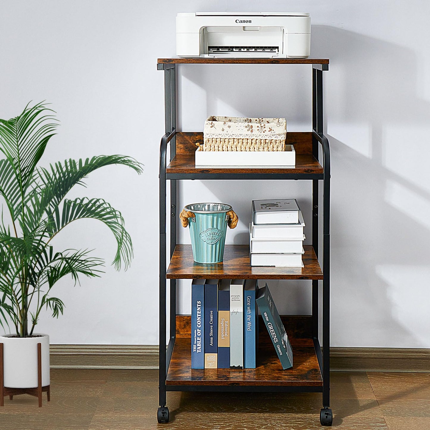 jarrvz 4-Tier Printer Stand with Adjustable Shelves and Wheels, Tall Printer Table with Storage for Home Office, Rolling Printer Cart for Small Spaces, Rustic Brown