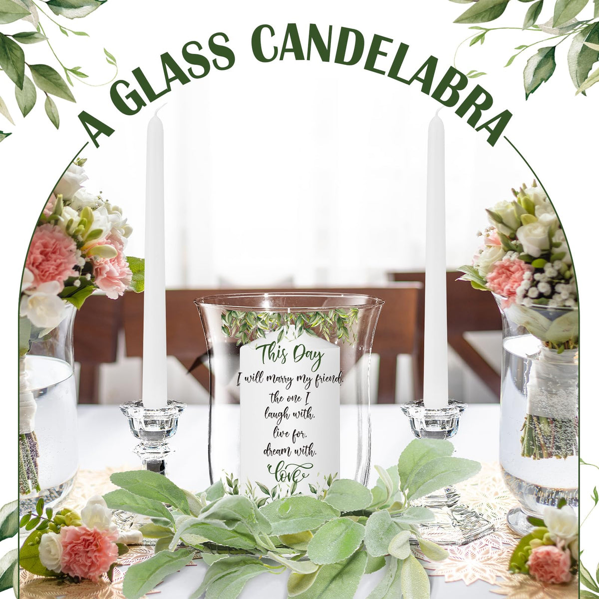 Irenare Unity Candles with Holder for Wedding Ceremony Wedding Decortions Accessories Glass Candle Holder Pillar Candle for Formal Events Church(Green Leaf)