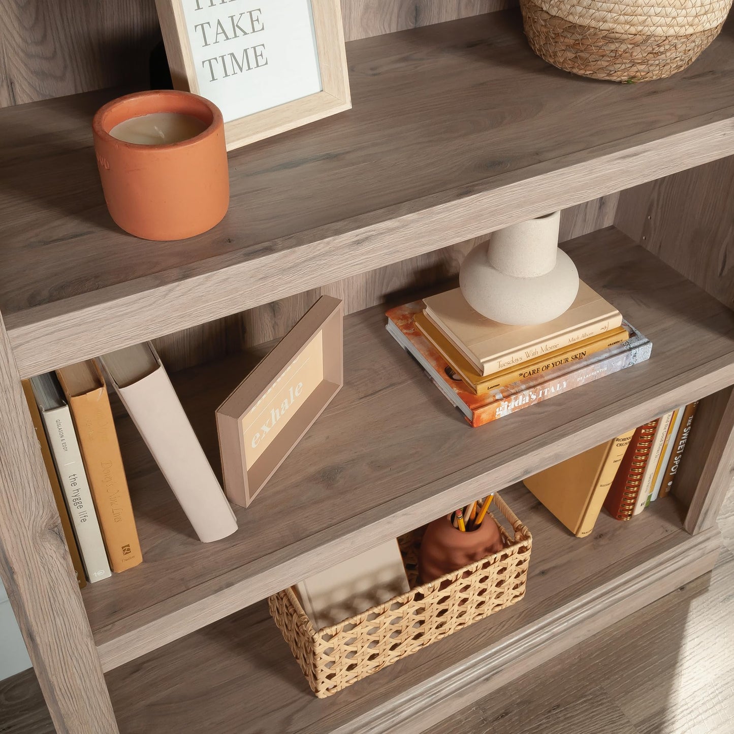 Sauder 3 Tier Book Shelf Wooden Bookcase Multipurpose Bookshelf for Home Office, Living Room, in Laurel Oak