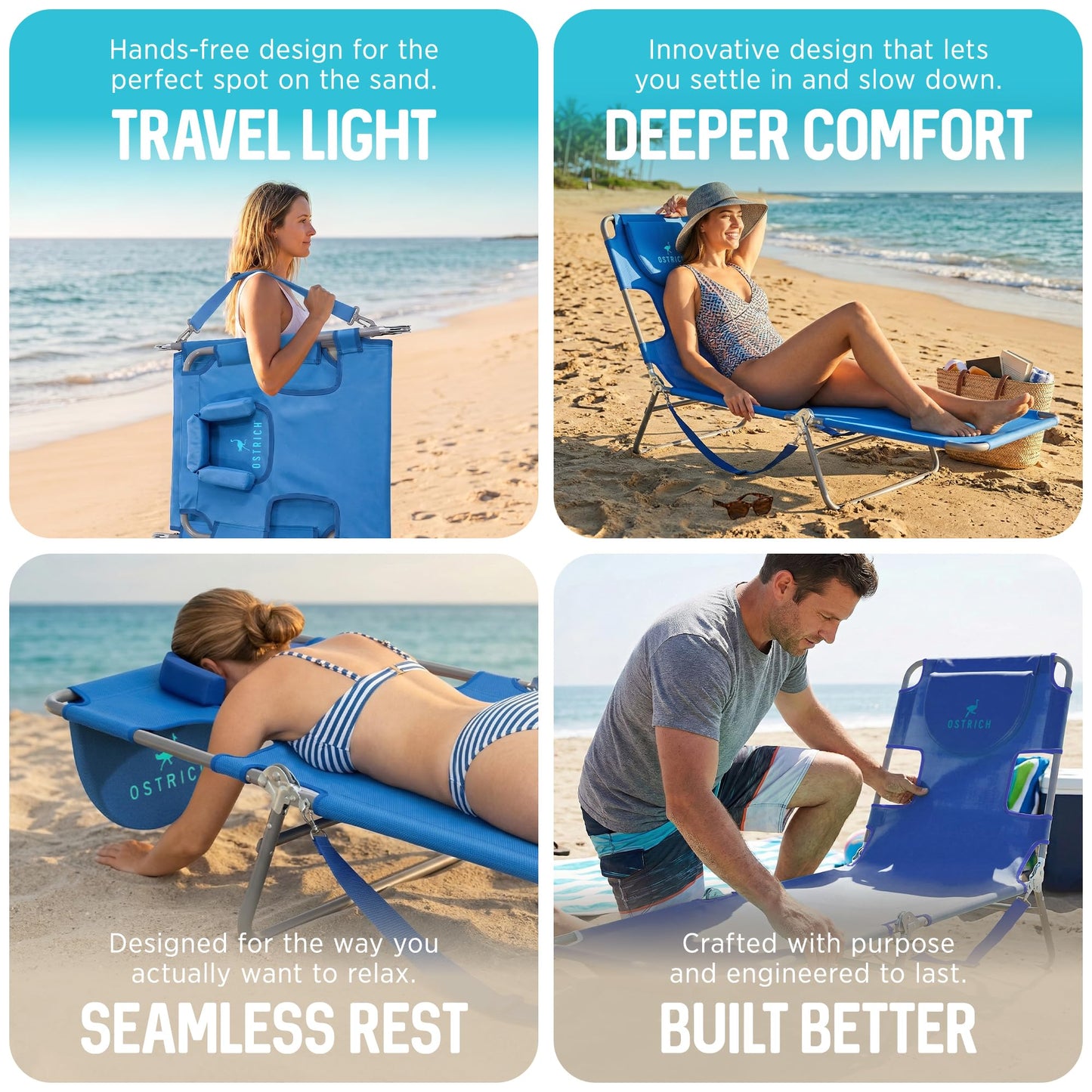 Ostrich the Original Chaise 72 x 22 Inch Lounge Portable Reclining Lounger, Outdoor Patio, Beach, Lawn, Camping, or Pool Tanning Chair, Ocean Blue