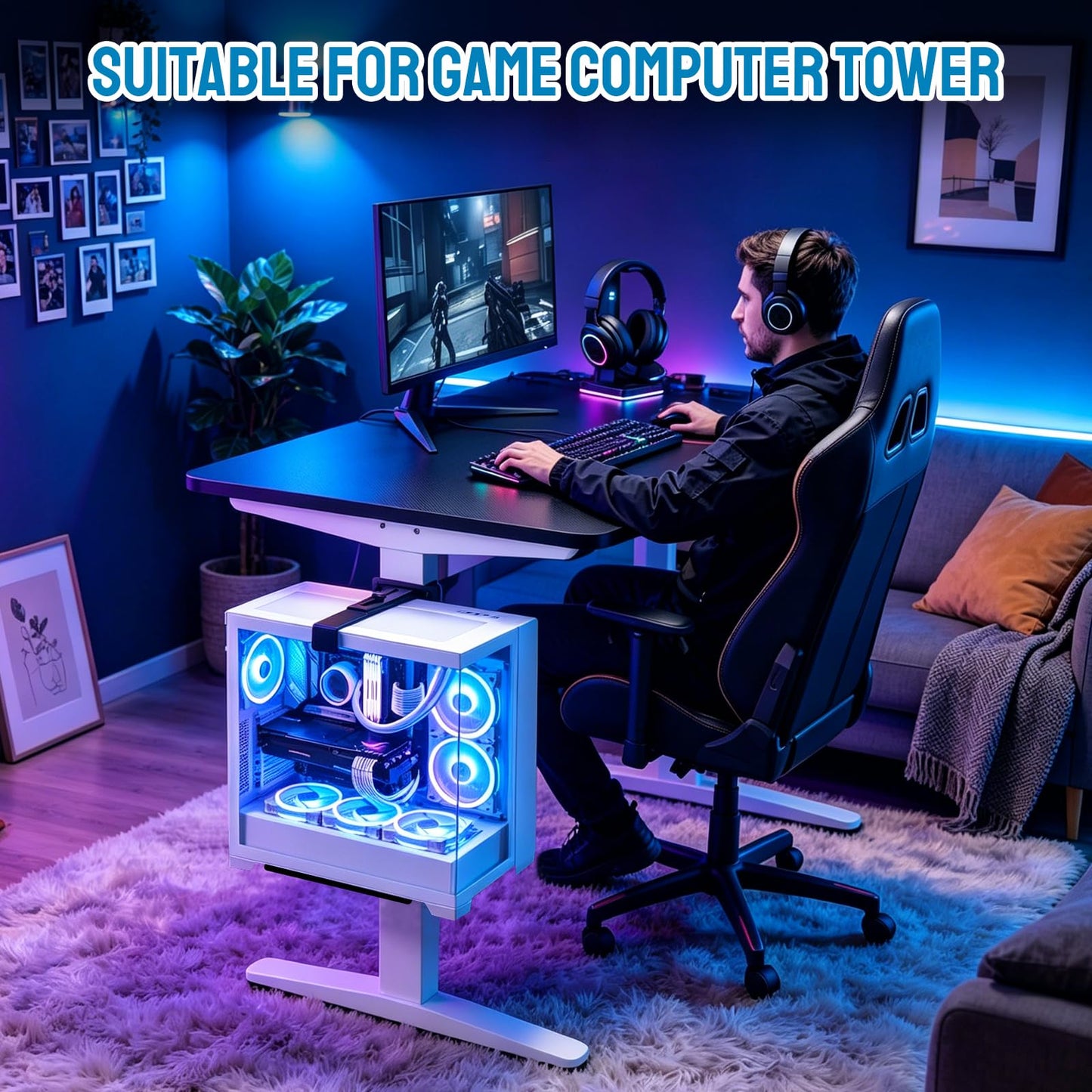 Under Desk PC Mount - Heavy Duty PC Stand for Standard Computer Tower Up to 9.64" Wide, Up to 50Lbs Weight, Clamped PC Bracket Holder Only for 65×45mm/75×45mm/80×50mm Standing Desk Leg, No Drill