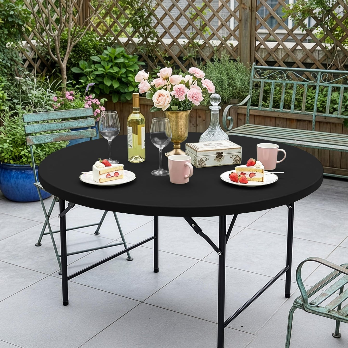 Enjoyidea Fitted Round Table Covers 60 Inch-4 Pack Black Elastic Spandex Table Cloth-Small Stretch Folding Circle Tablecloths Topper Cap for Kitchen Dining Commercial Party Picnic Event Banquet Tables