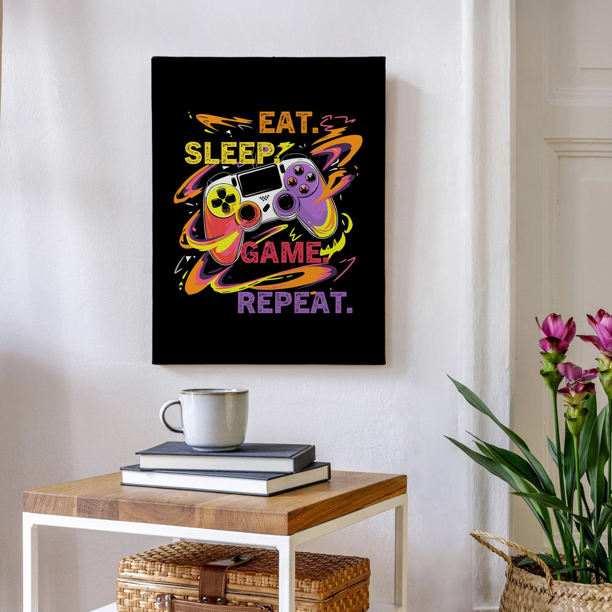 XINCEYWJ Gaming Gamer Room Wall Decor, Eat Sleep Game Repeat Canvas Art Prints Framed, Toddler Boy Room Decor, Anime Gaming Theme Wall Art for Children Youth Boy Room Nursery Room, 11x14 In