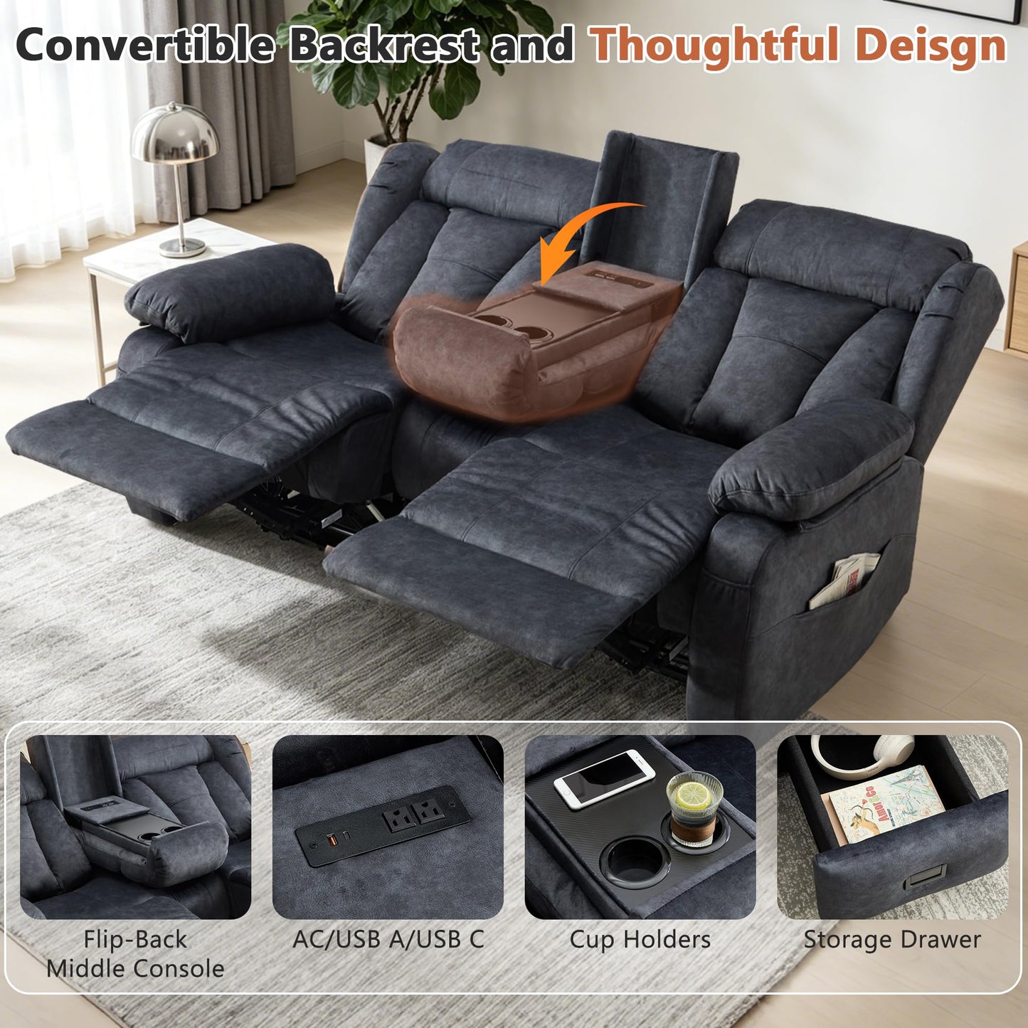 AHMED Loveseat Recliner Sofa with Console, Manual Reclining Loveseat RV Couch with Cup Holders/Side Pocket/Padded Armrest Cushion for Living Room, Velvet, Grey