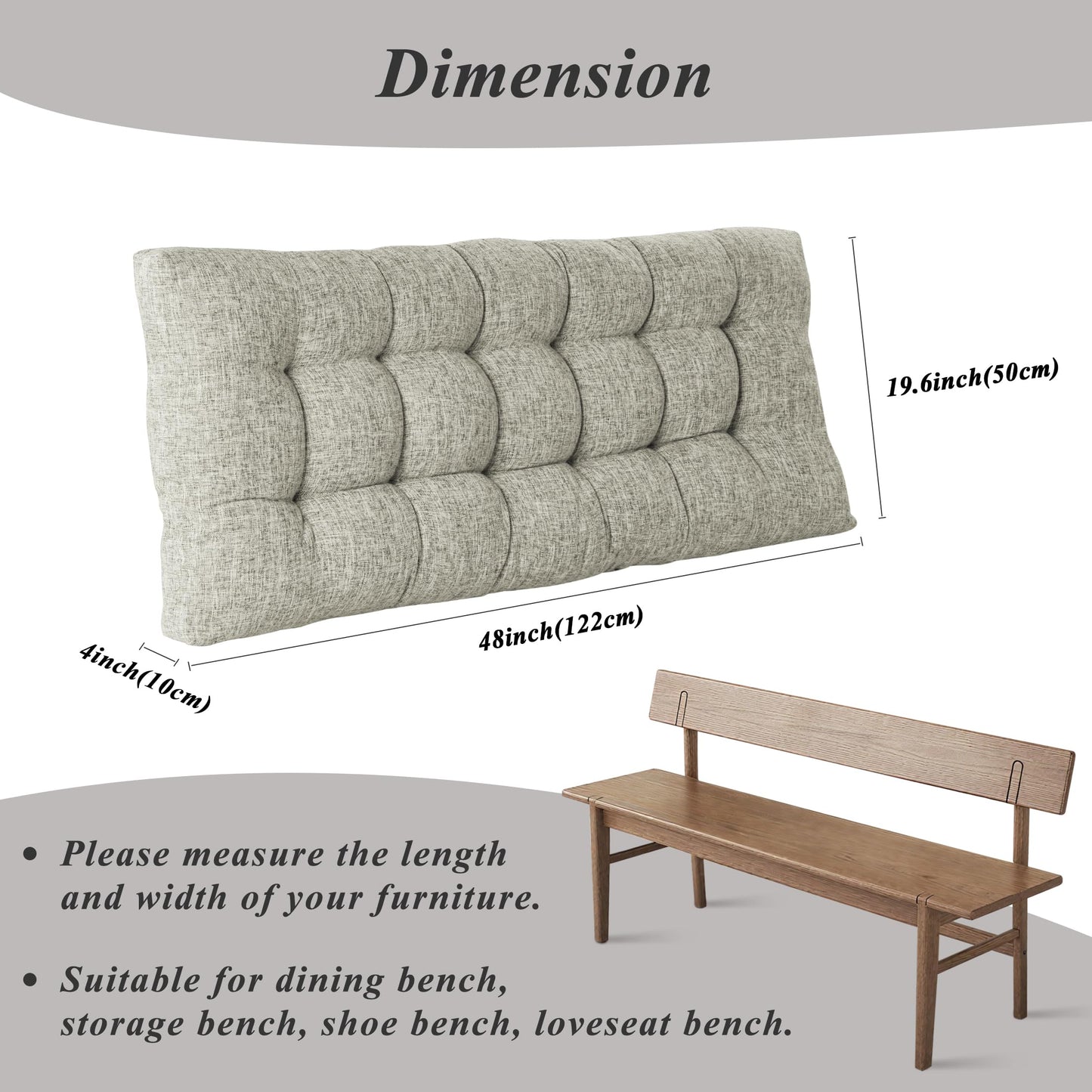 FlyGulls Bench Cushion for Indoor Furniture Rectangle Bench Seat Cushion for Bay Window Entryway Bench Thick Textured Chair Cushion with Non-Slip Backing 1 Pack 48 x 19 inch (1, Heather Gray)