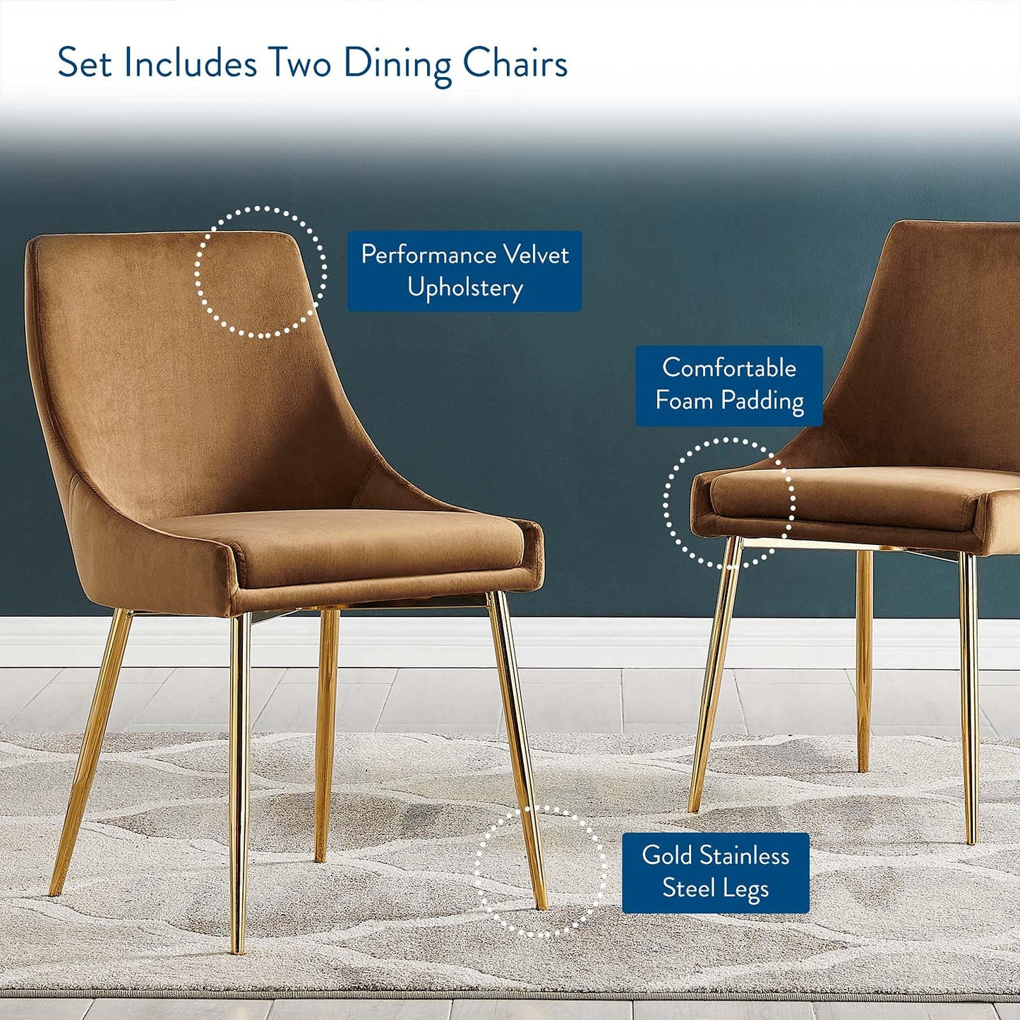 Modway Viscount Performance Velvet Upholstered Side Dining Chairs in Gold Cognac - Set of 2