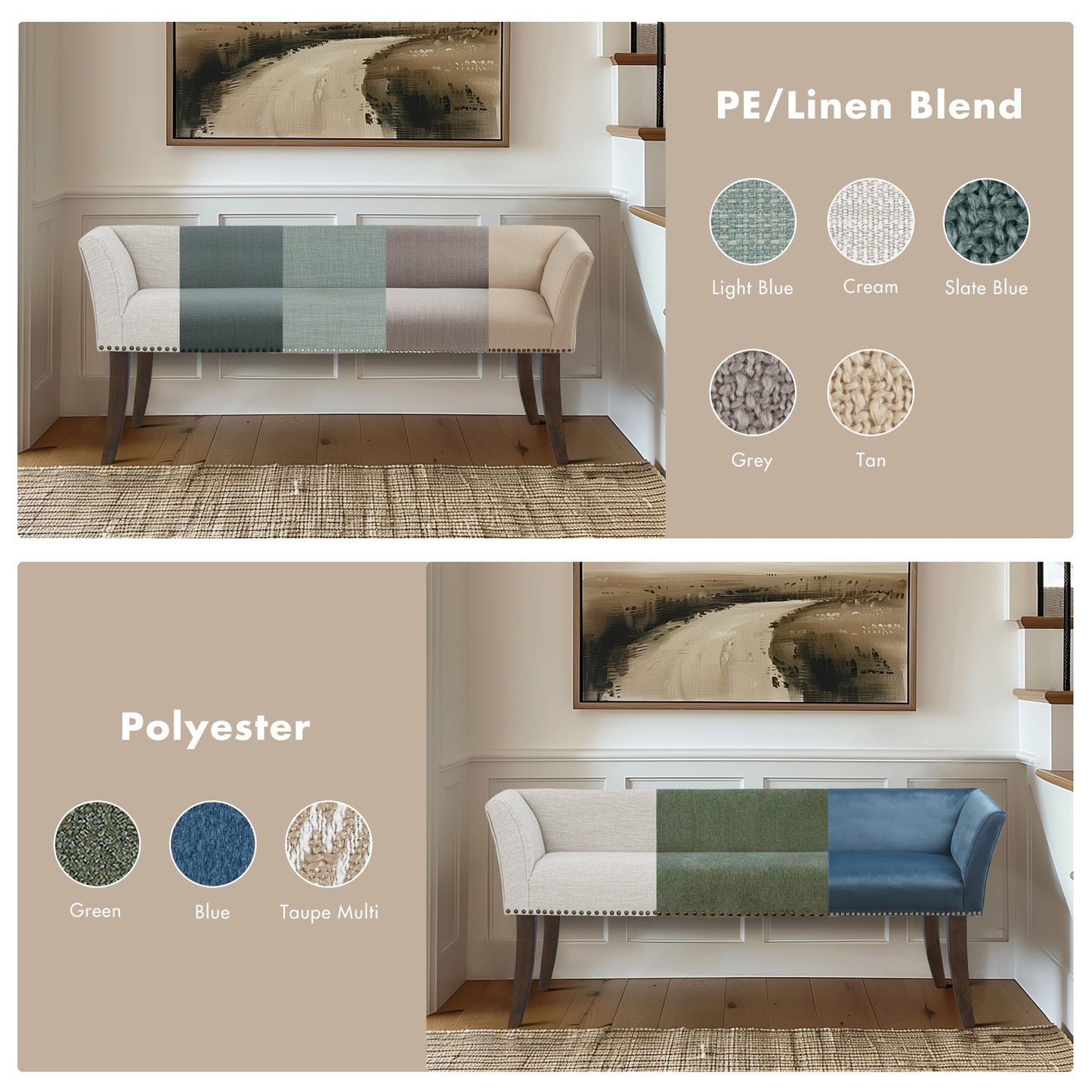 Madison Park Accent Bench, Upholstered with Nailhead Trim, & Padded Seat Entryway Bench Small, End of Bed Bench with Back, 49.5" W x 19.25" D x 23" H, Tan
