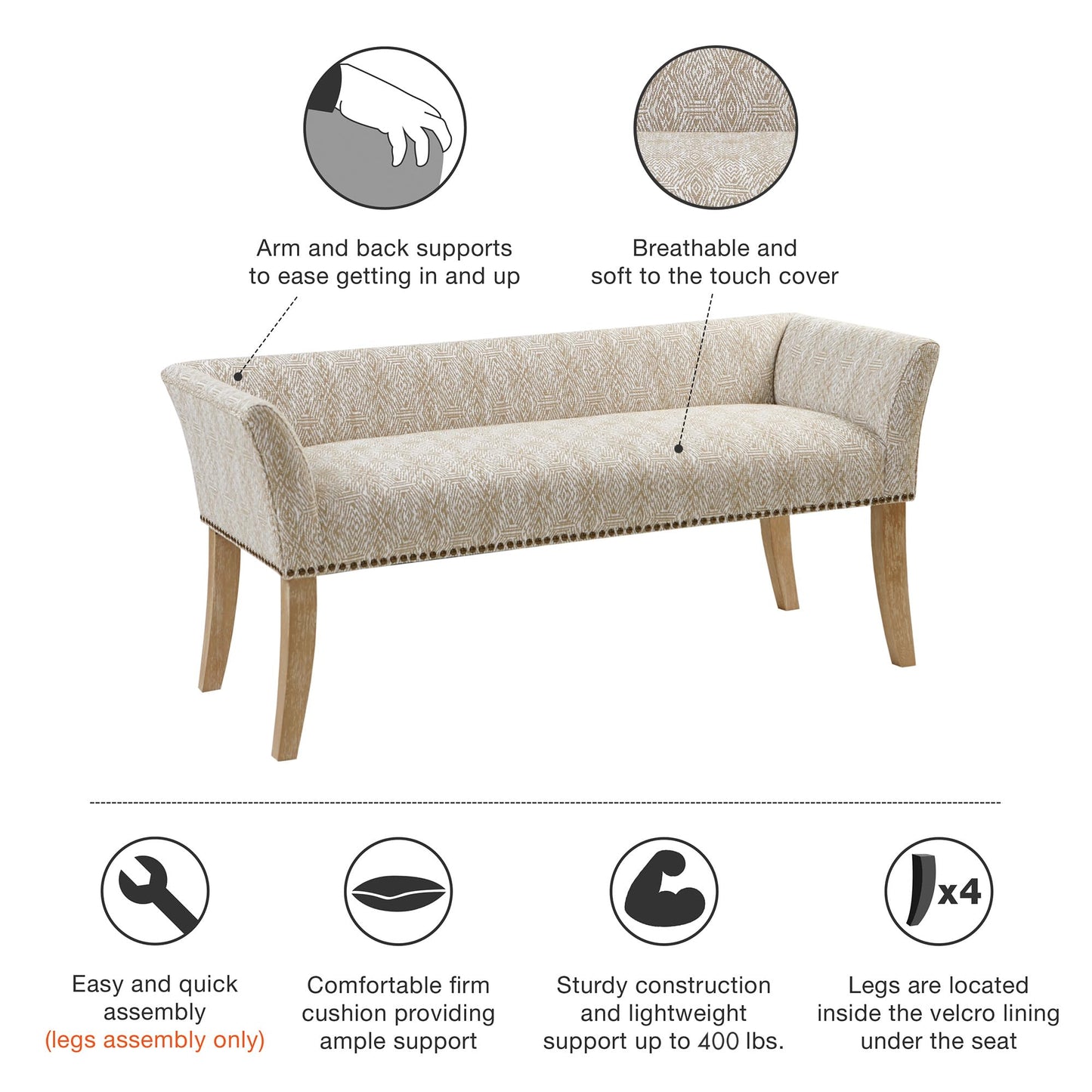 Madison Park Accent Bench for Living Room, Upholstered with Nailhead Trim, & Padded Seat Entryway Bench Small, End of Bed Bench with Back, 49.5" W x 19.25" D x 23" H, Taupe Multi