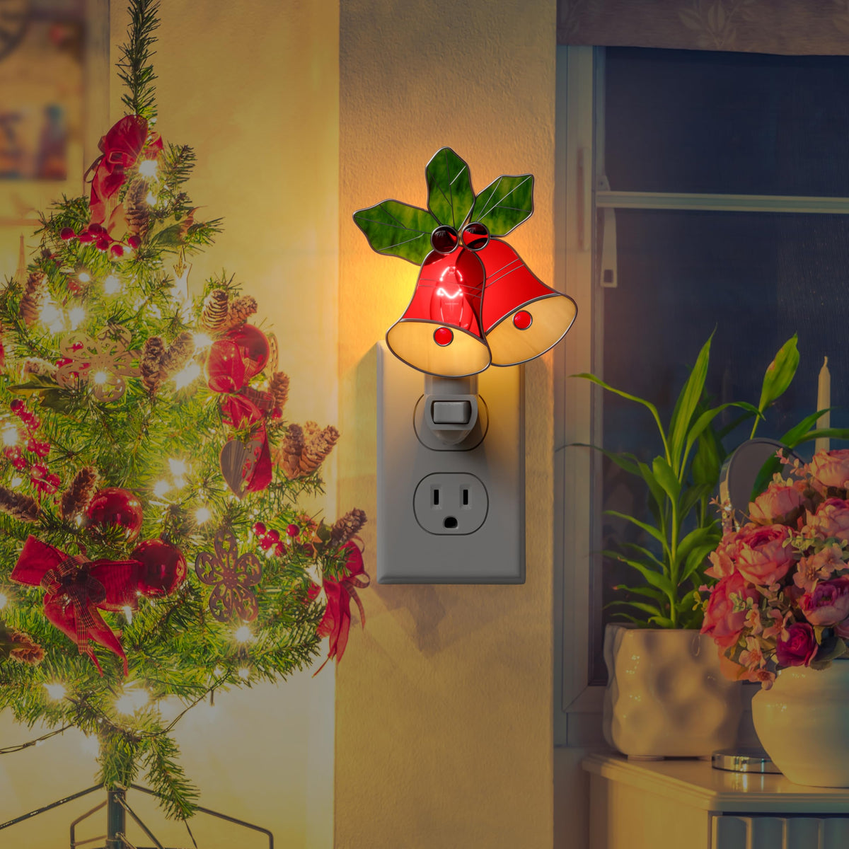 KUNDGLA Night Lights Plug into Wall Christmas Red Bell Stained Glass Night Light Plug in 7W Dusk Warm White Light Switch-On/Off for Adult Kids Room Bathroom Home Decor Gifts for Mom Grandkids