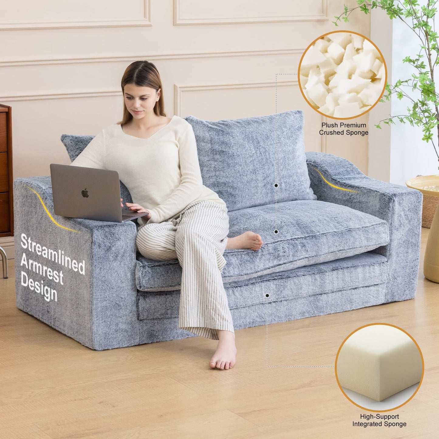 61" Convertible Sofa Bed Loveseat, Memory Foam Boneless Floor Couch with Removable Faux Fur Cover, Tri-folding Compact Full-size Sleeper for Small Living Room, Playroom, Guest Room, RV (White-on-Grey)