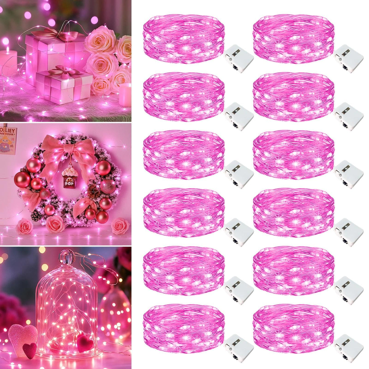 12 Pack Fairy Lights Battery Operated - 7ft 20 Led Twinkle Lights 3 Modes, Bulk Mini String Lights Waterproof for Mason Jars Vases DIY Party Wedding Decoration Valentines Day - Pink