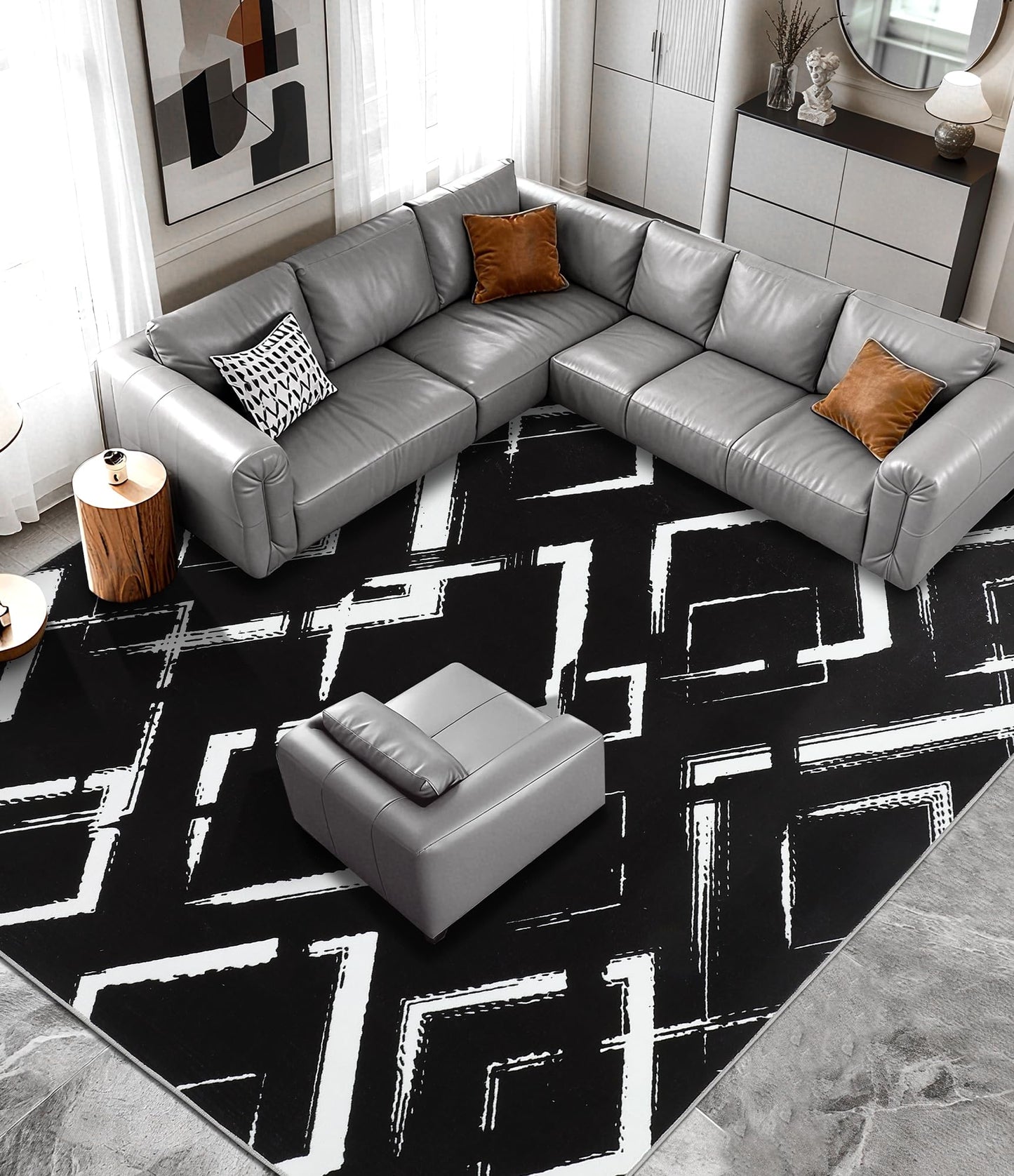 YIHOUSE Black Modern Geometric Area Rug 9x12, Black and White Rug with Abstract Diamond Patterns,Non-Shedding Washable Rugs for Bedroom, Home Office and Living Room