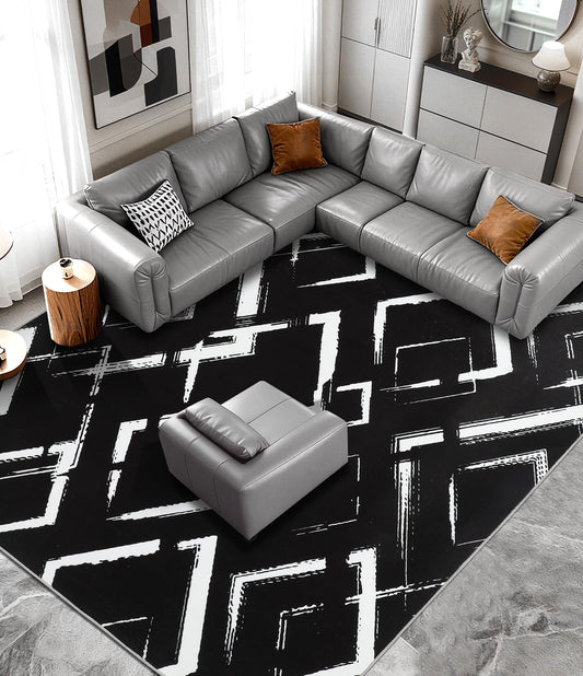 YIHOUSE Black Modern Geometric Area Rug 9x12, Black and White Rug with Abstract Diamond Patterns,Non-Shedding Washable Rugs for Bedroom, Home Office and Living Room