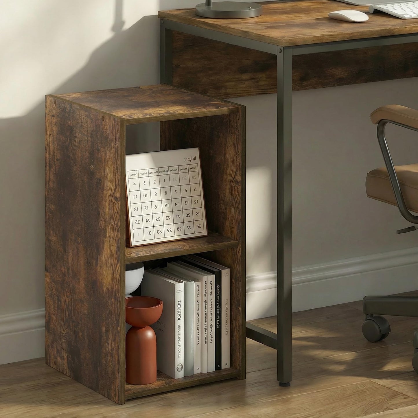 Furinno PELLI Book Shelf, 2-Cube Bookshelf with Open & Closed Back Cubes, 2 x 1 Storage Organizer Cabinet, 12.2 x 11.6 x 24.2, for Living Room, Bedroom, Home Office, Amber Pine