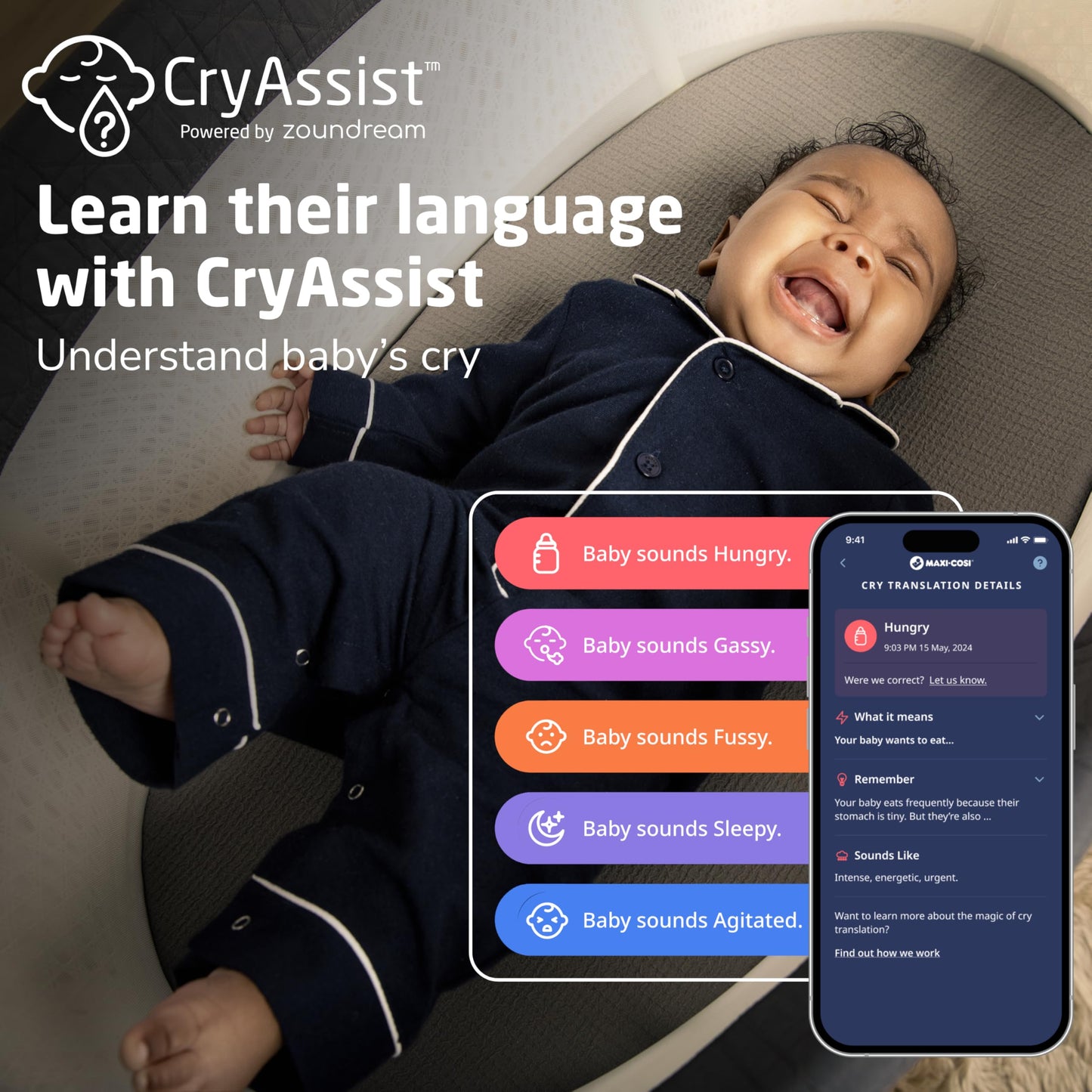 Maxi-Cosi Starling Smart Bassinet, CryAssist AI Cry Translation, 5 Rocking Motions, Cozy Mattress Pad, Machine-Washable Cover, Built-in Bluetooth Speaker, Onyx Heritage, Baby Bassinet Rocking