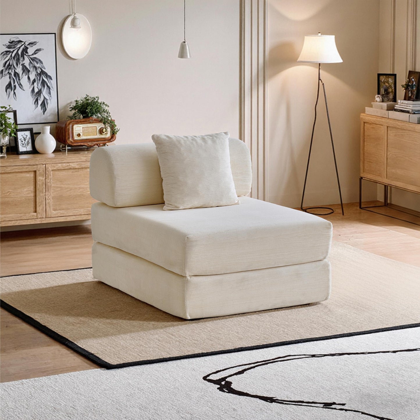 31.5'' Convertible Compressed Corduroy Folding Cloud Sofa Bed, Modern Boneless Pull Out Sleeper Sofa Couch in a Box, 3 in 1 Portable Lazy Floor Lounge Chair, No Assembly Needed, Beige, Pillow, Single